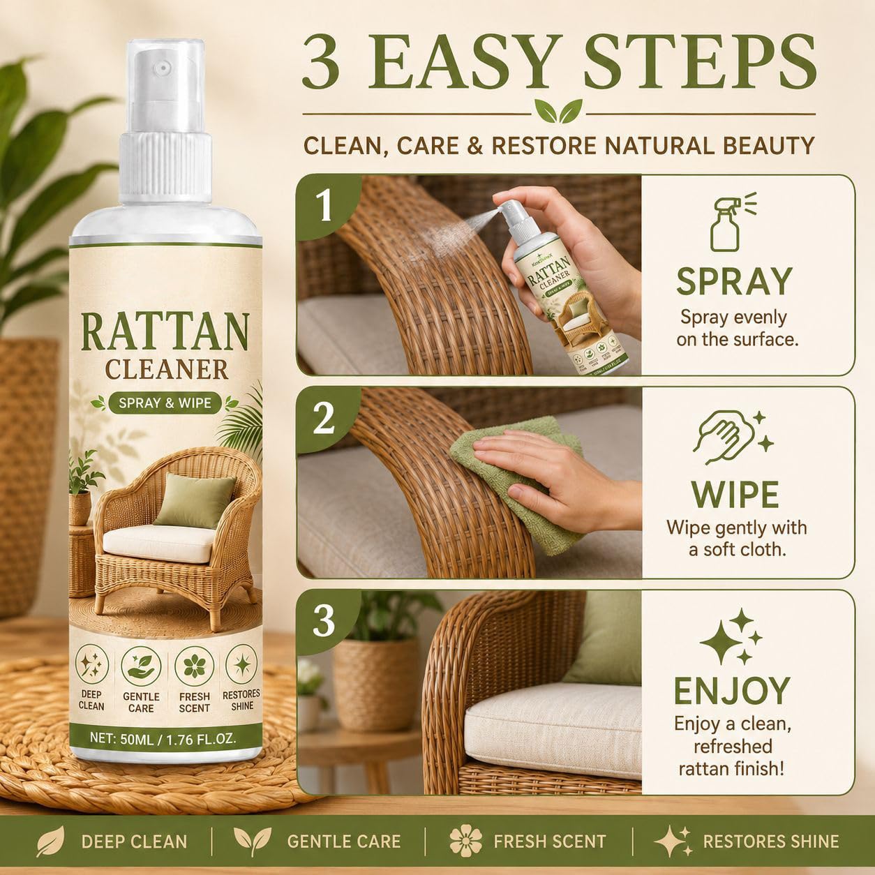 Limpiador y pulidor para rattan – restaura brillo en sillas (5pcs) | Para muebles de mimbre, rattan y tejidos. Uso interior/exterior. Pulverizar y limpiar. Elimina polvo, suciedad. 100 g. 3 años
