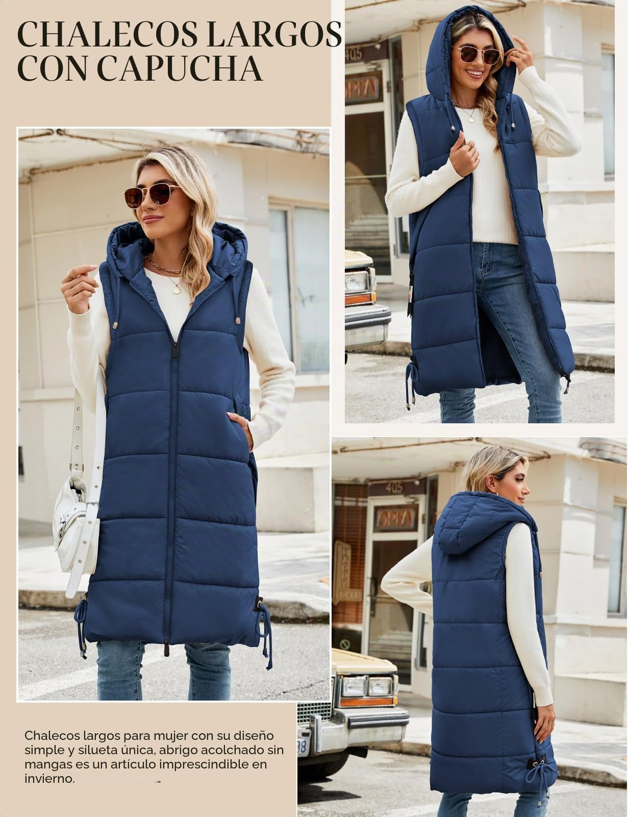 Vancavoo Chaleco Acolchado Mujer Invierno Largo Chaqueta sin Mangas Chaleco de Plumas Chaquetas con Capucha Abrigo de Cálidos on Bolsillos