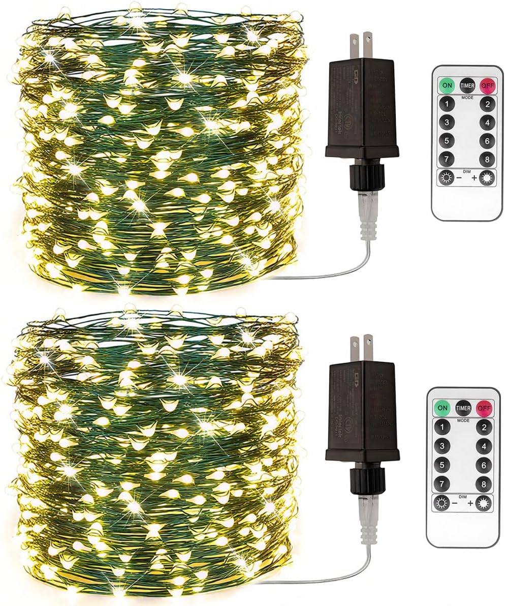 2 Pack Green Wire Fairy Lights Plug in 100Ft 300 LED Warm White Twinkle Lights LED String Lights with Remote for Christmas Tree Bedroom Living Room Wall Patio Party Decoration