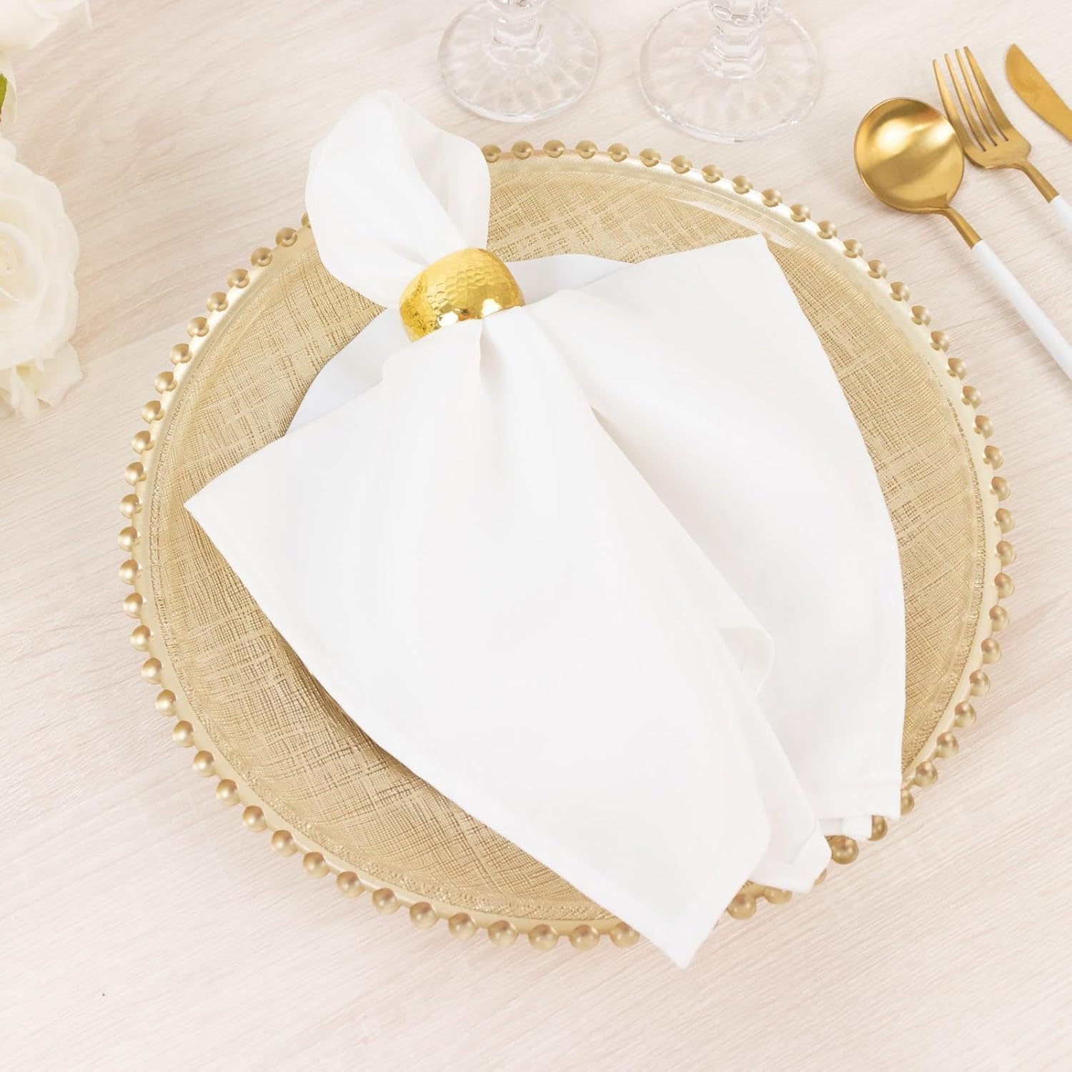 Efavormart 8-Pack Glass Charger Plates 12" Round Gold with Beaded Rim & Cross-Stitch Pattern - Event Tabletop Decorative Dinner Charger Tableware
