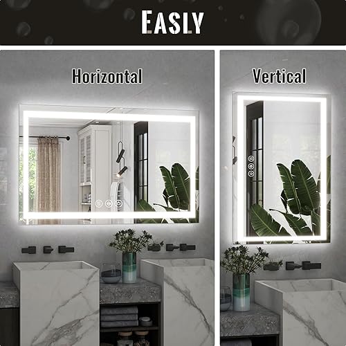 Vista 26 de Espejo de baño LED, 32 x 48 pulgadas, marco blanco degradado frontal y retroiluminado, antiniebla, regulable, espejo iluminado horizontal/vertical