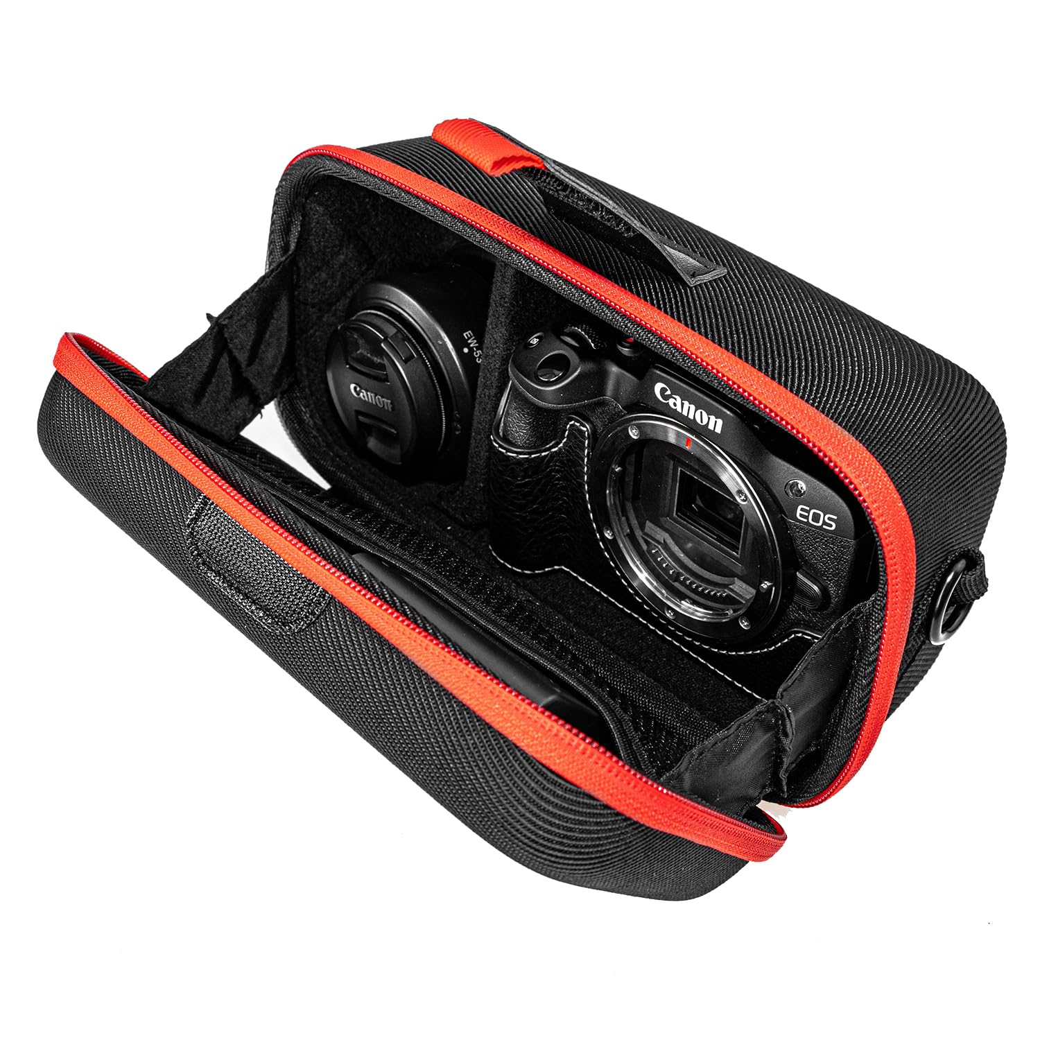 Custodia rigida per il trasporto compatibile con fotocamere reflex Canon EOS Rebel R100 / R50 / T7 / R5 / R6 Mark ll / R7 / R8 / 90D / 5D Mark IV, obiettivo 18-55 mm, scheda SD, batteria e cavo