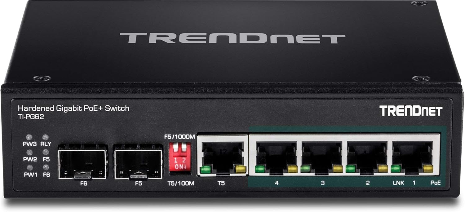 TRENDnet 6-Port Hardened Industrial Gigabit PoE+ DIN-Rail Switch,TI-PG62,4 x Gigabit PoE+ Ports, 1 x Shared Gigabit Port (RJ-45/SFP), 1 x Dedicated SFP, 120 W Power Budget, IP30,(Renewed)