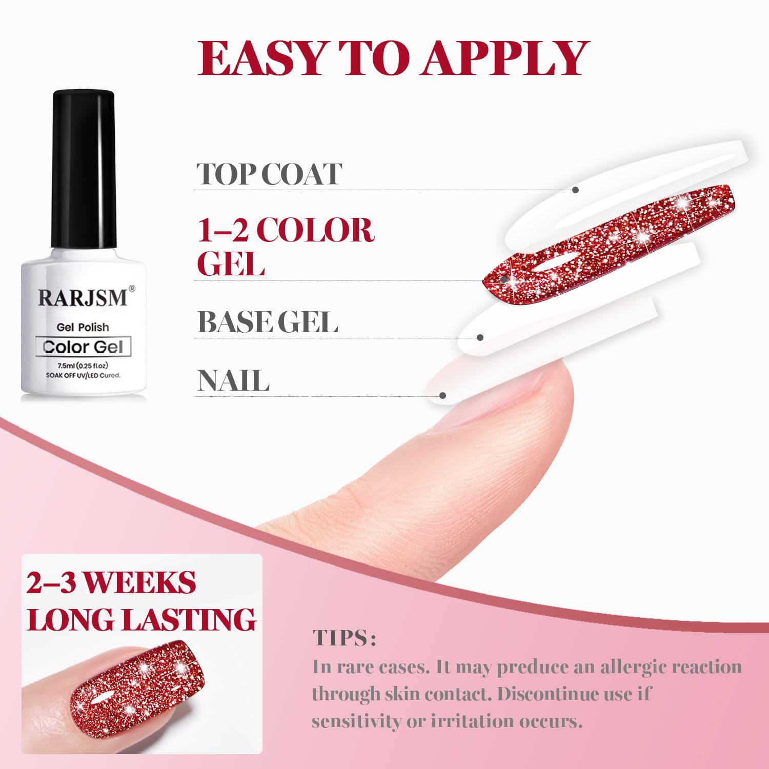RARJSM Red Reflective Glitter Gel Nail Polish Holographic Rainbow Iridescent Sparkle Flash Diamond Shimmer LED UV Soak Off Gelpolish Nail Art Manicure Salon DIY at Home 1pcs 7.5ml