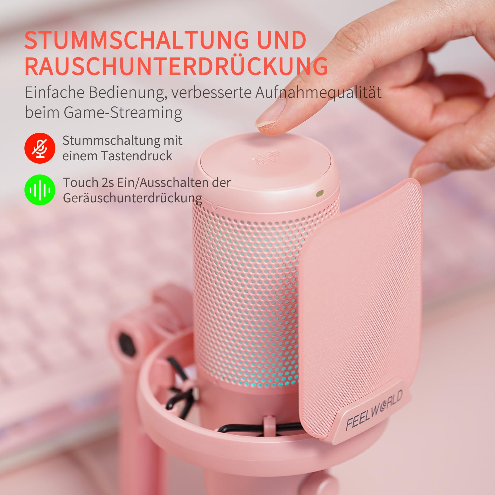 FEELWORLD VM1 USB-Gaming-Mikrofon für die Aufnahme von Podcasts,Pink Formfaktor,Studio PC Mikrofon mit Stummschaltung,Rauschunterdrückung,RGB-Licht,Anti-Spray-Mesh, Desktop-Ständer