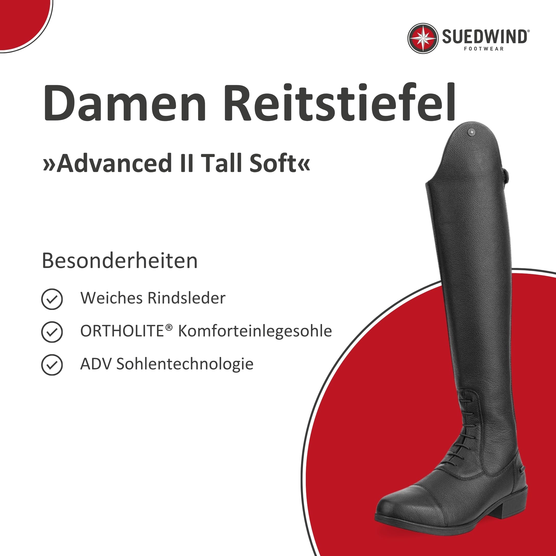SUEDWIND FOOTWEAR Leder Reitstiefel für Damen Advanced II Tall Soft – Lederstiefel zum Reiten – Stiefel mit Schnürung, Reißverschluss & Ortholite-Innensohle – schwarz – Größe 37-43