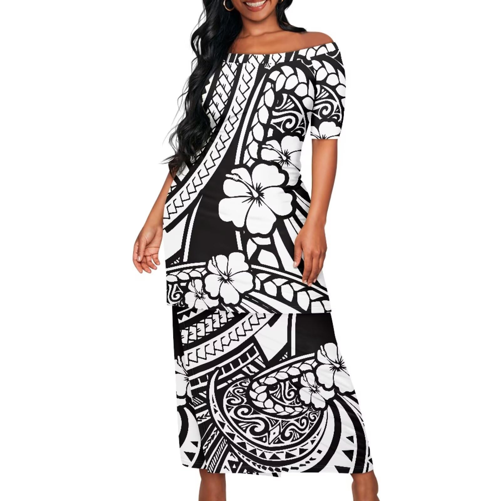 Polynesian Tribal Samoa Puletasi Set Dress Puletaha Ladies Off Shoulder Top and Skirts 2 Pcs Skirt Set Dress