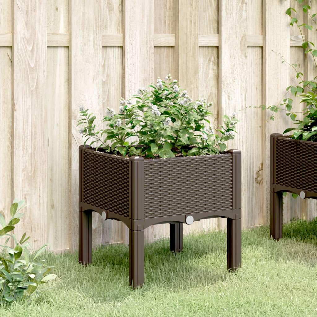 Donica ogrodowa z nóżkami brązowa 40x40x42 cm PP podwyższona donica na patio taras do roślin pnących warzyw kwiatów rattanowy design pojemna odporna