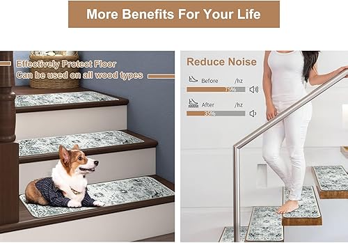Miniatura 63 de OJIA Alfombra antideslizante a juego para peldaños de madera, parte trasera de goma cuadrada antideslizante, alfombra de aterrizaje para escaleras