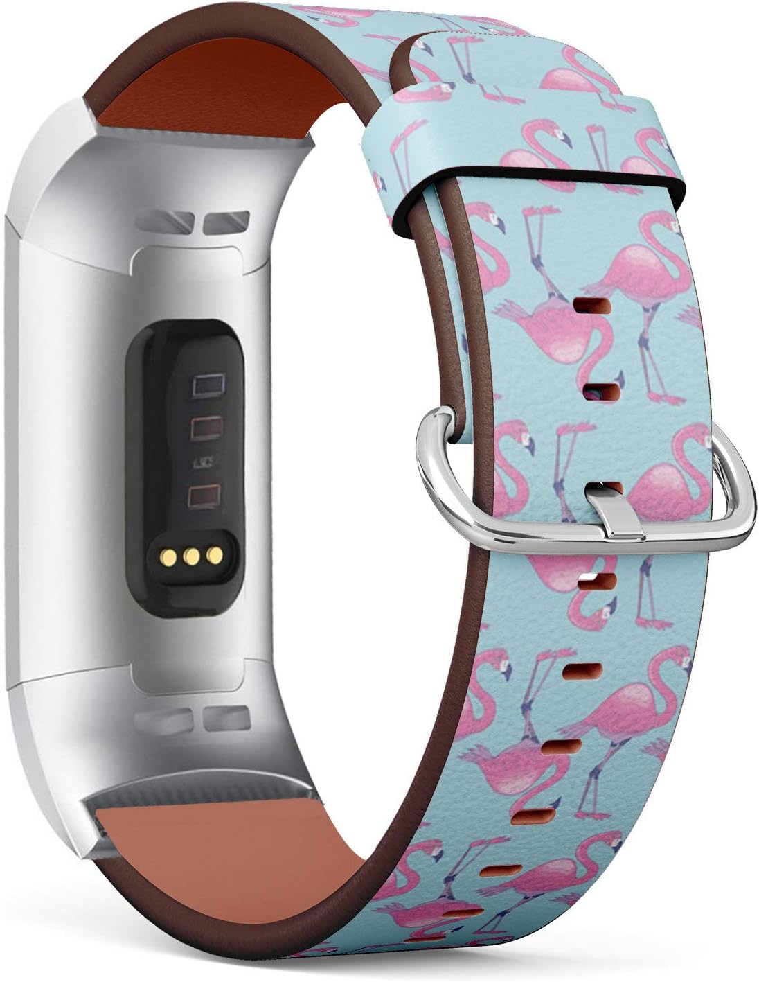 Compatible with Fitbit Charge 4 / Charge 3 / Charge 3 SE - Leather Watch Wrist Band Strap Bracelet with Stainless Steel Adapters (Pink Flamingo On Light Blue)