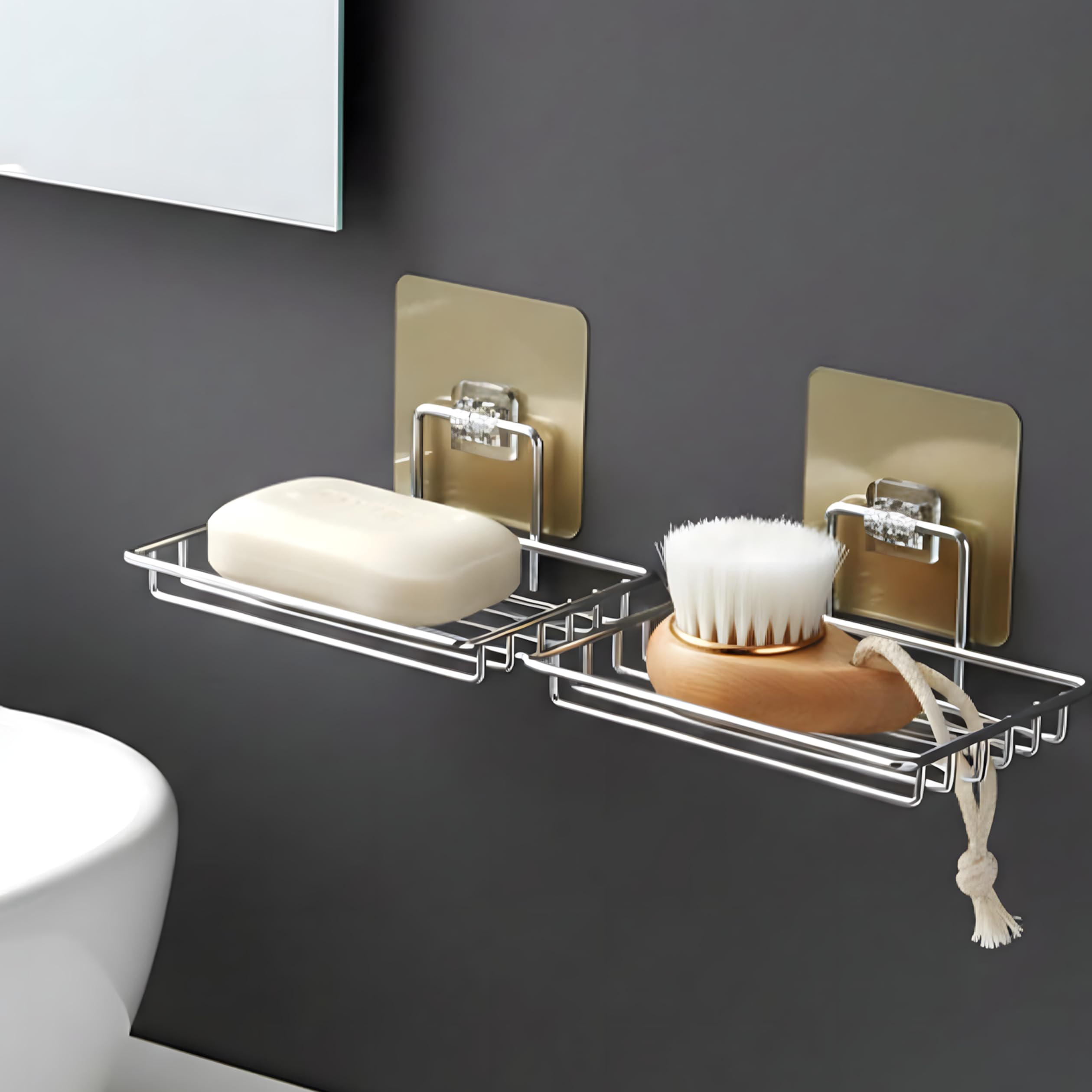 Stainless Steel Soap Holder for Bathroom Stickable | Single Layer Wall Mounted Soap Dish Holder | Self Adhesive No Drill Waterproof Soap Tray | Bathroom Accessories (Set of 2)-image-7