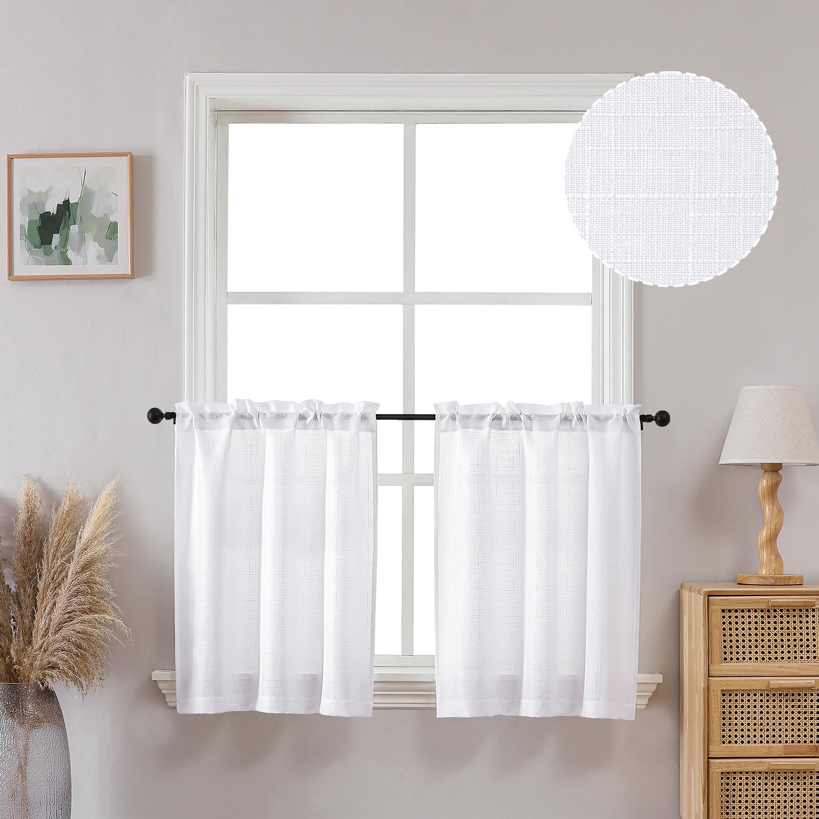 OVZME White Curtains Tier 24 Inch Length 2 Panels Set, Faux Linen Textured Small Kitchen Curtains for Bathroom Basement, Modern Soft Airy Semi Window Curtains, White, Each 30x24 Inches, 2 Panels