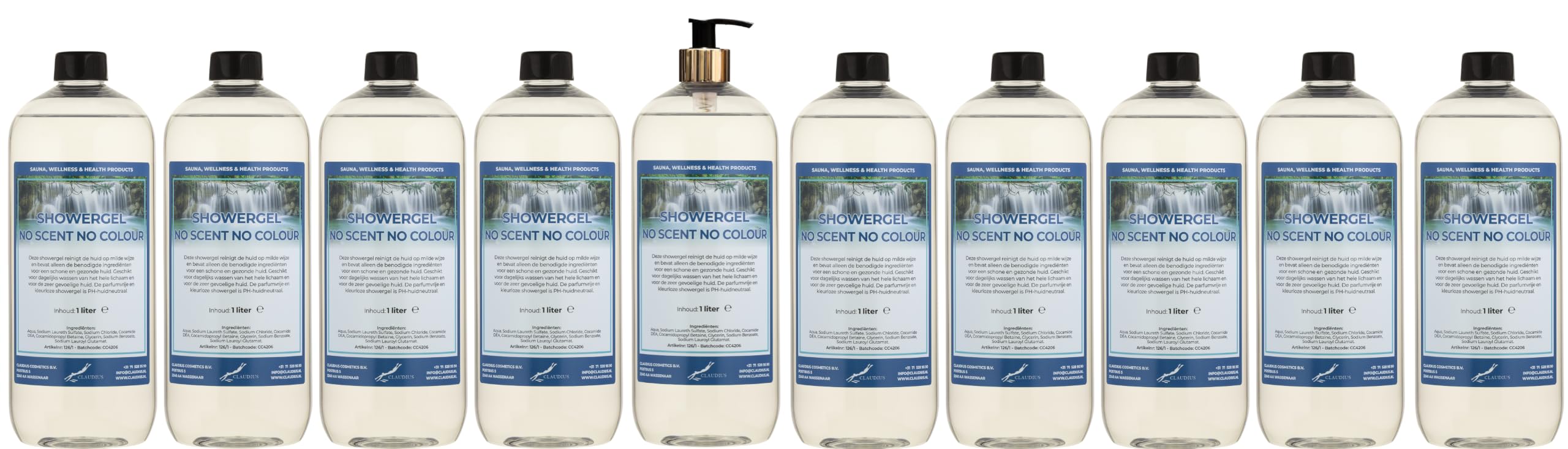 Duschgel No Scent No Colour 10 x 1 Liter mit goldener Pumpe (transparent) | 1 Liter Inhalt, Goldene Pumpe