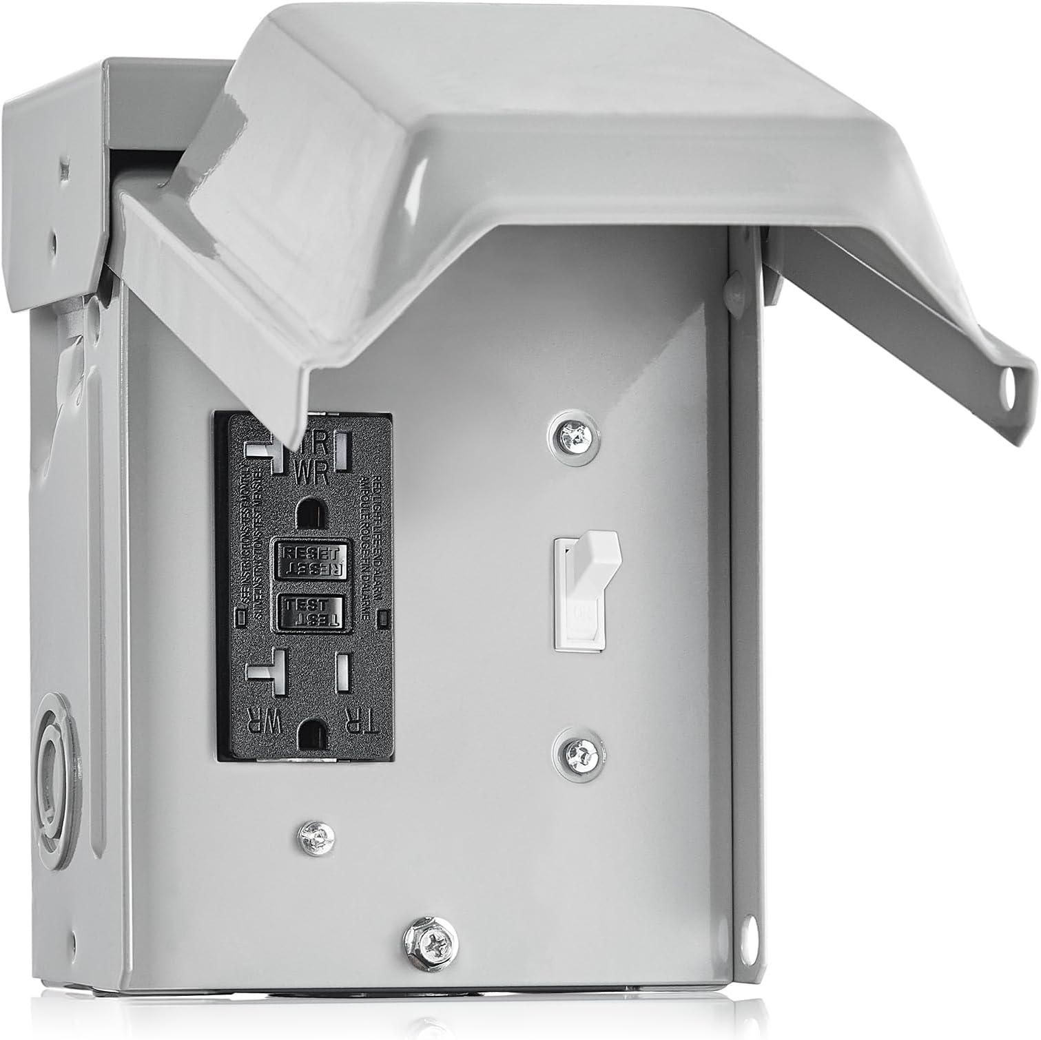 SURAIELEC Outdoor Electrical Outlet with Cover, 20 AMP WRTR GFCI Receptacle Plug, Rainproof 3R Enclosure, Weatherproof Exterior All Metal Power Switch Box for Halloween Decorations, Light, ETL Listed