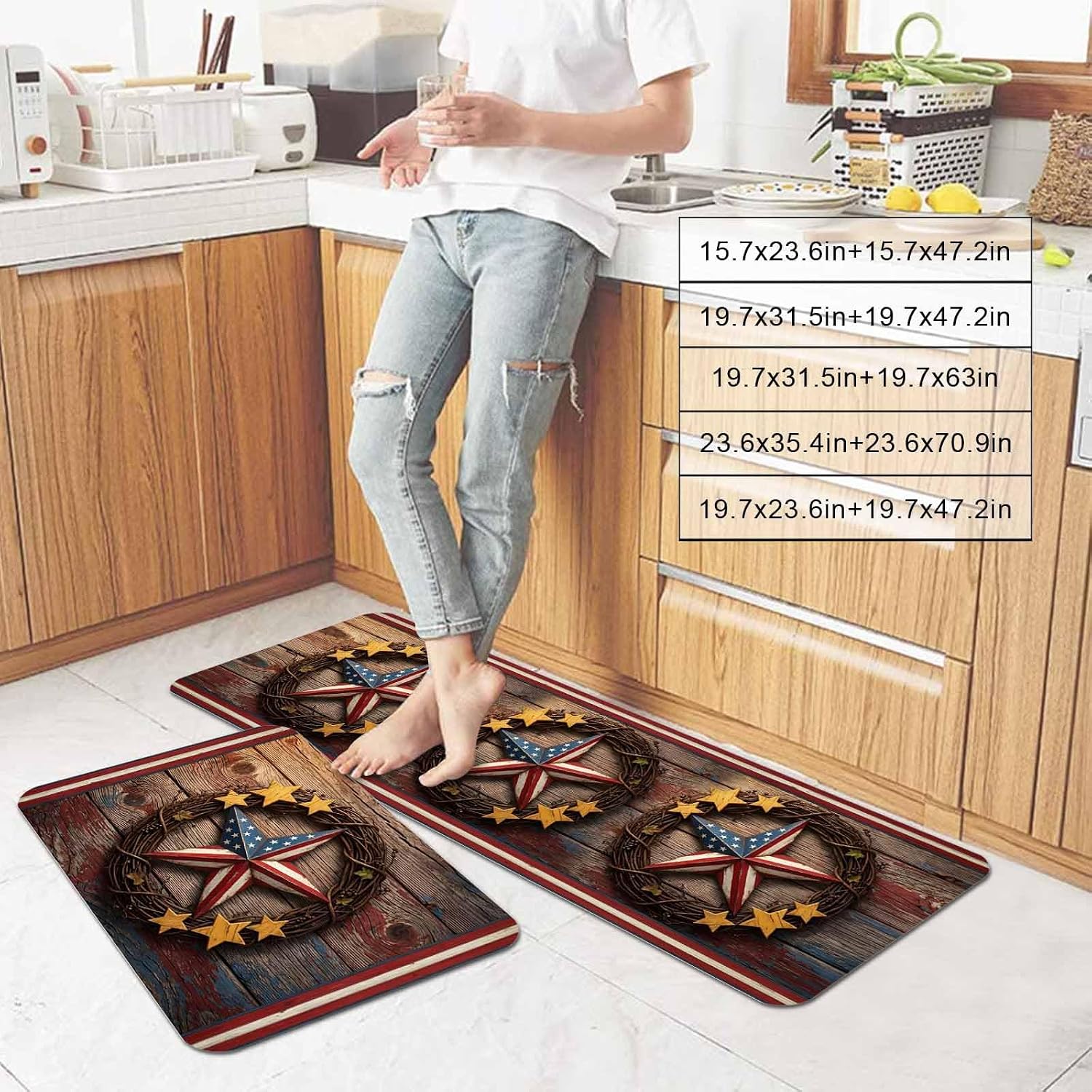 Prime Leader 4th of July Kitchen Mat Set 2 Pieces Patriotic USA Flag Star Wreath of Vines Wood Grain Non Slip Kitchen Rugs Washable Runner Rug Mats for Sink Laundry (15.7" x 23.6"+15.7" x 47.2")