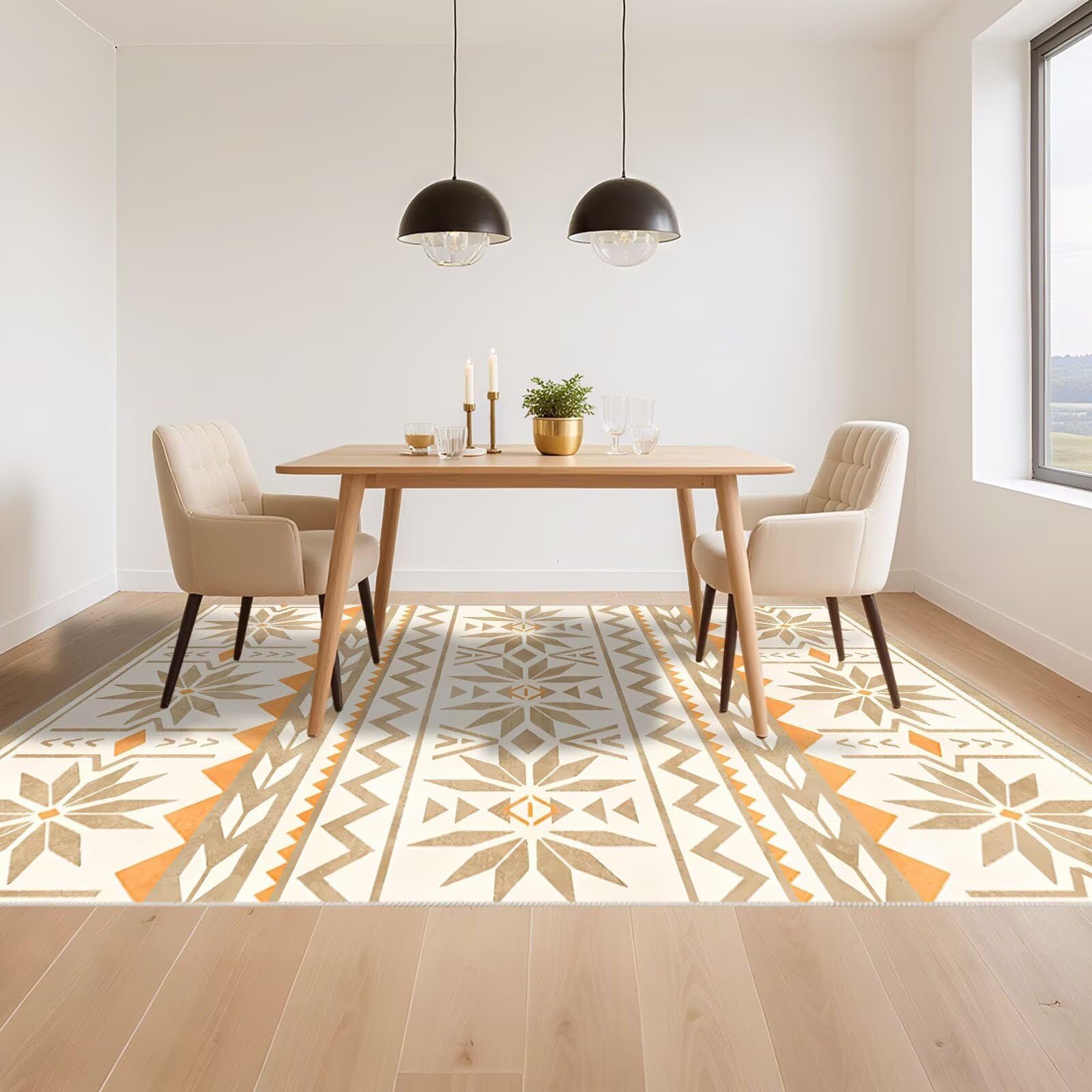 Antirutsch Teppich Bettvorleger Hellbraun 80x120cm, Nach Maß Kleine Orange ethnische Stil Geometrie Druck Design für Wohnzimmer Schlafzimmer