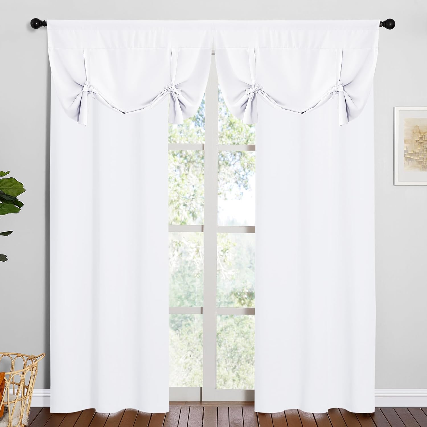 NICETOWN 1 Panel 46" x 63" Tie up Curtain with 2 Panles 42" x 80" Gromemt Blackout Curtains for Living Room Thermal Insulated Window Shade for Bedroom, Pure White