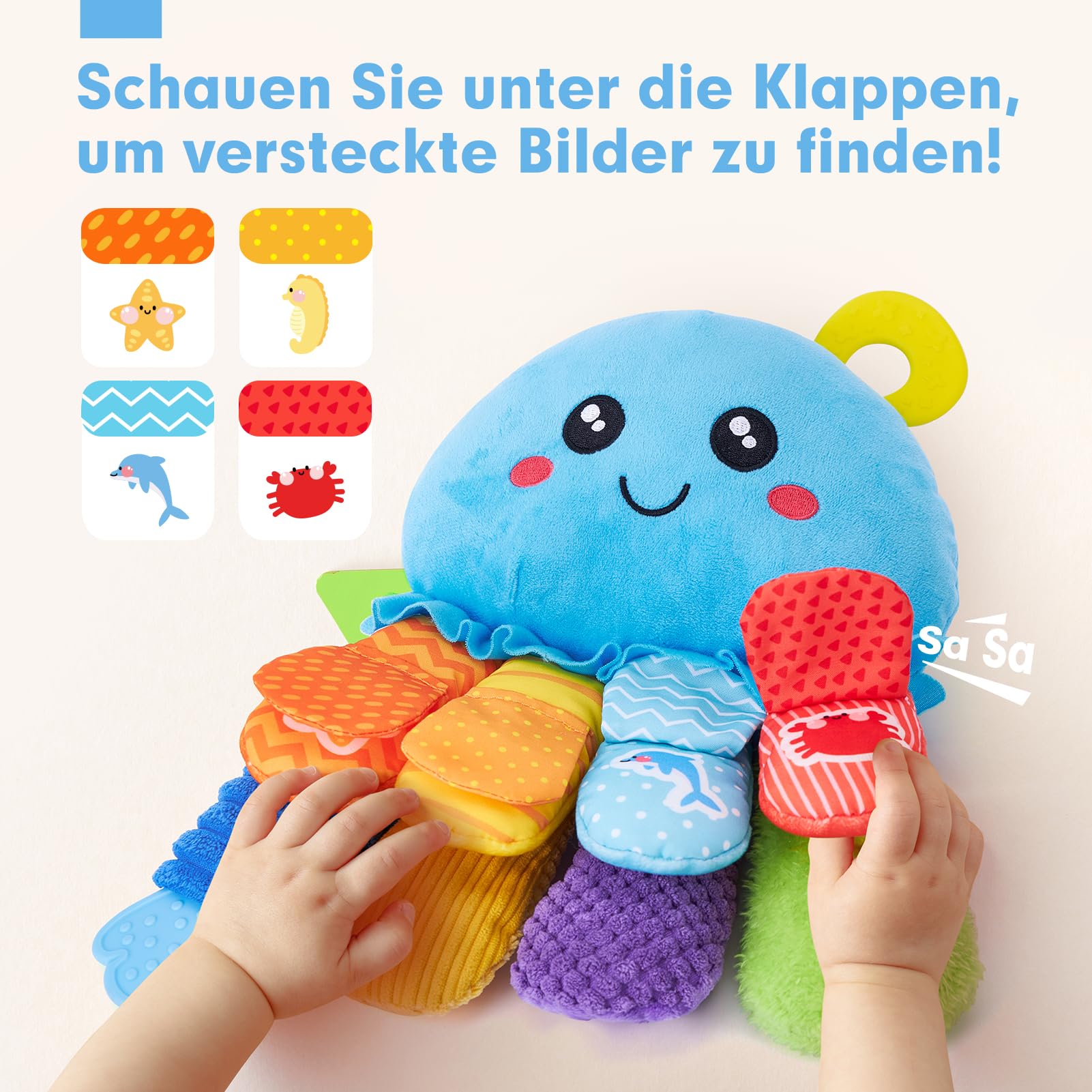 hahaland 2 in 1 Oktopus Baby Sensorik Spielzeug mit Rassel, Spiegel und Beißring, Montessori Greifling ab 0 3 6 Monaten, Neugeborene Geschenk, Bauchlage Spielzeug Tummy Time Toys, Jungen Mädchen