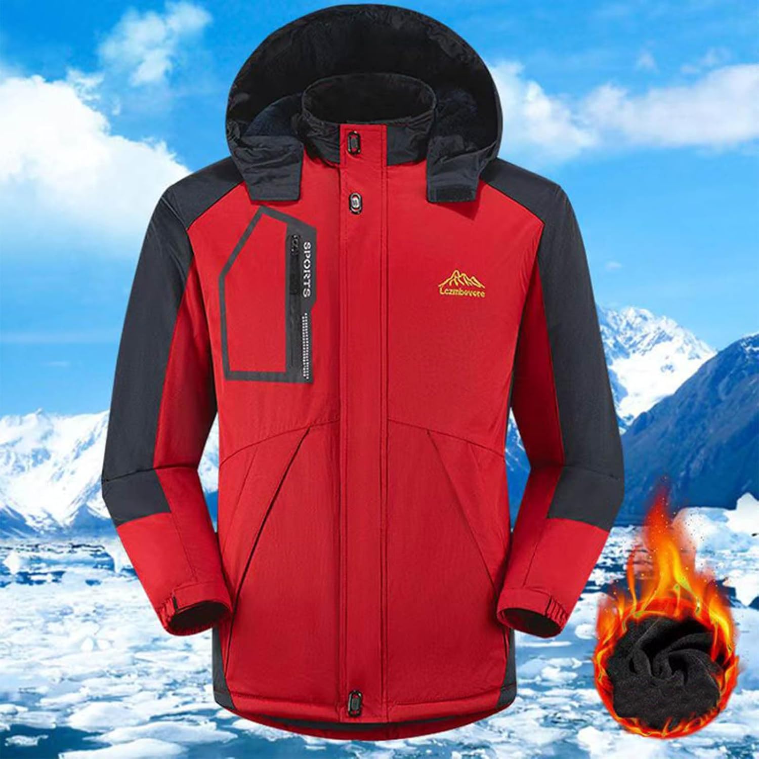 NATHGAM Men's Hooded Jacket Windproof Warm Fleece Skiing Jacket Winter Snow Coat Outdoor Windbreaker for Mountain Hiking