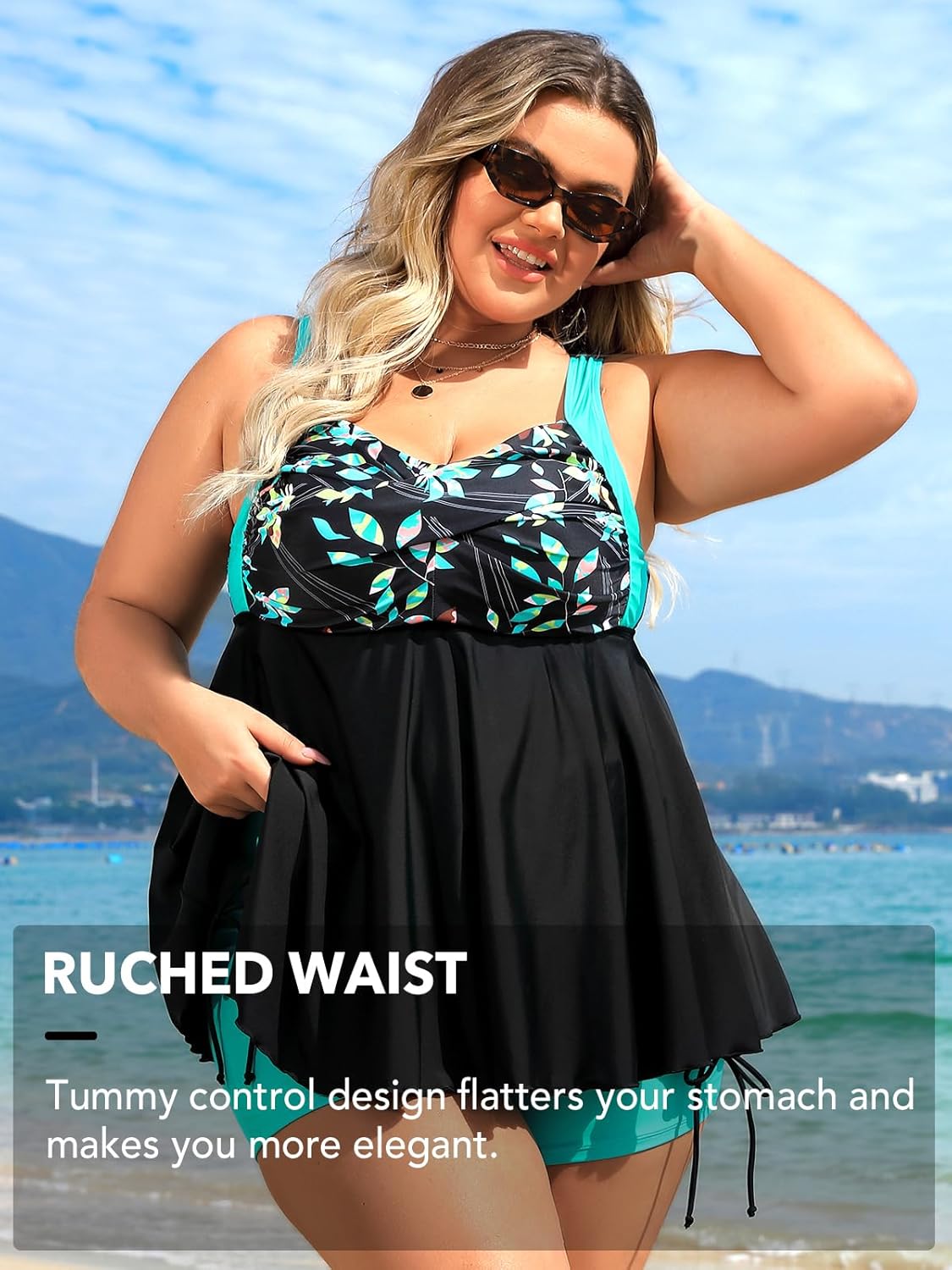 Angel season Plus Size Tankini Bathing Suit Dress for Women Plus Tankini Swimsuit Two Piece with Shorts Tummy Control Vintage Black Green 14 L - Image 4