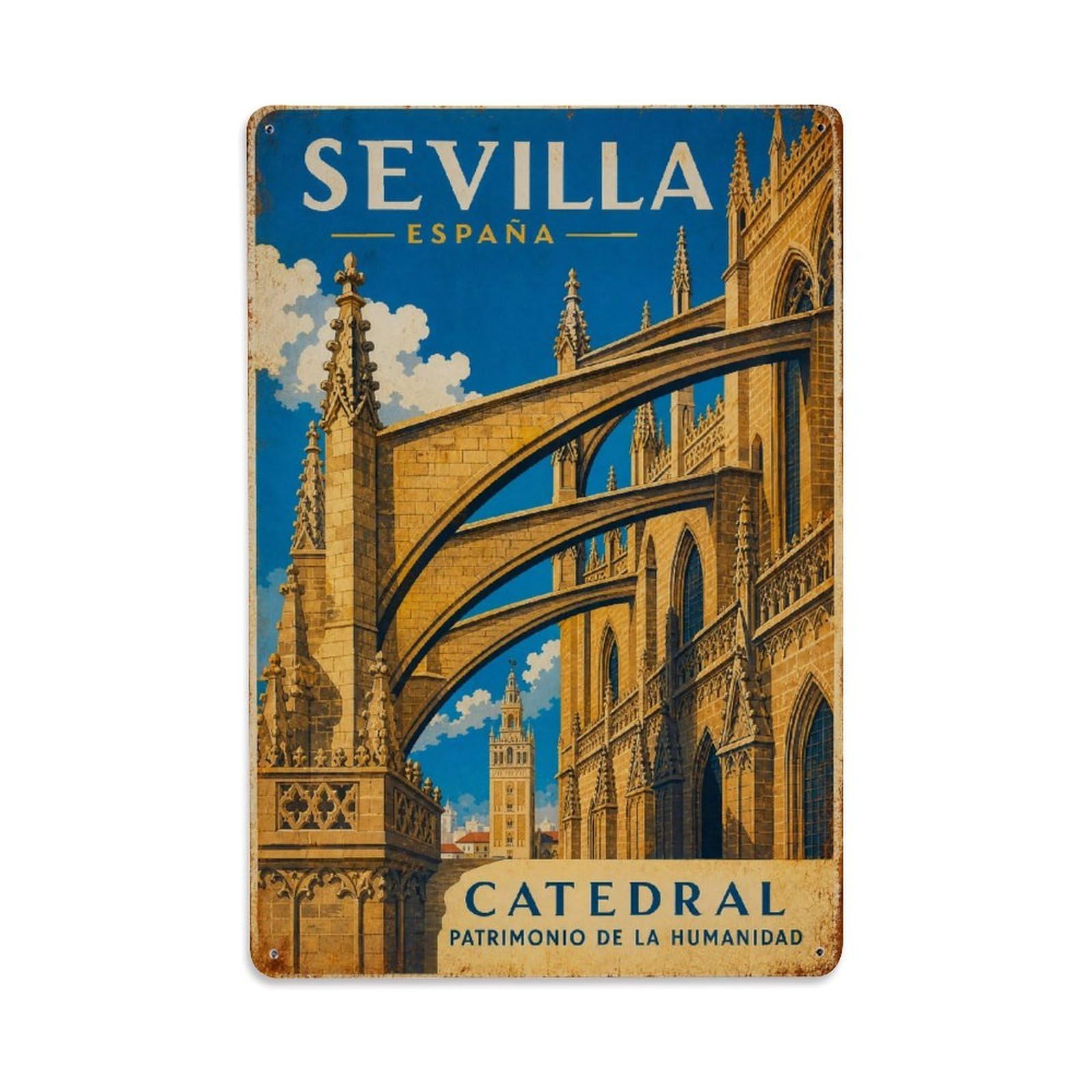 Huiyhb 8X12inch(20X30cm) Vintage Travel Seville Cathedral Flying Buttresses Gothic Metal Tin Sign