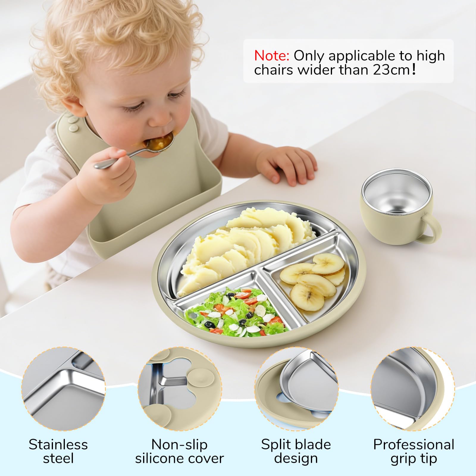 Set per l'alimentazione del bambino in acciaio inossidabile, lavabili in lavastoviglie, piatti divisi per lo svezzamento a LED, per bambini da 6 a 12 mesi (set di 4)