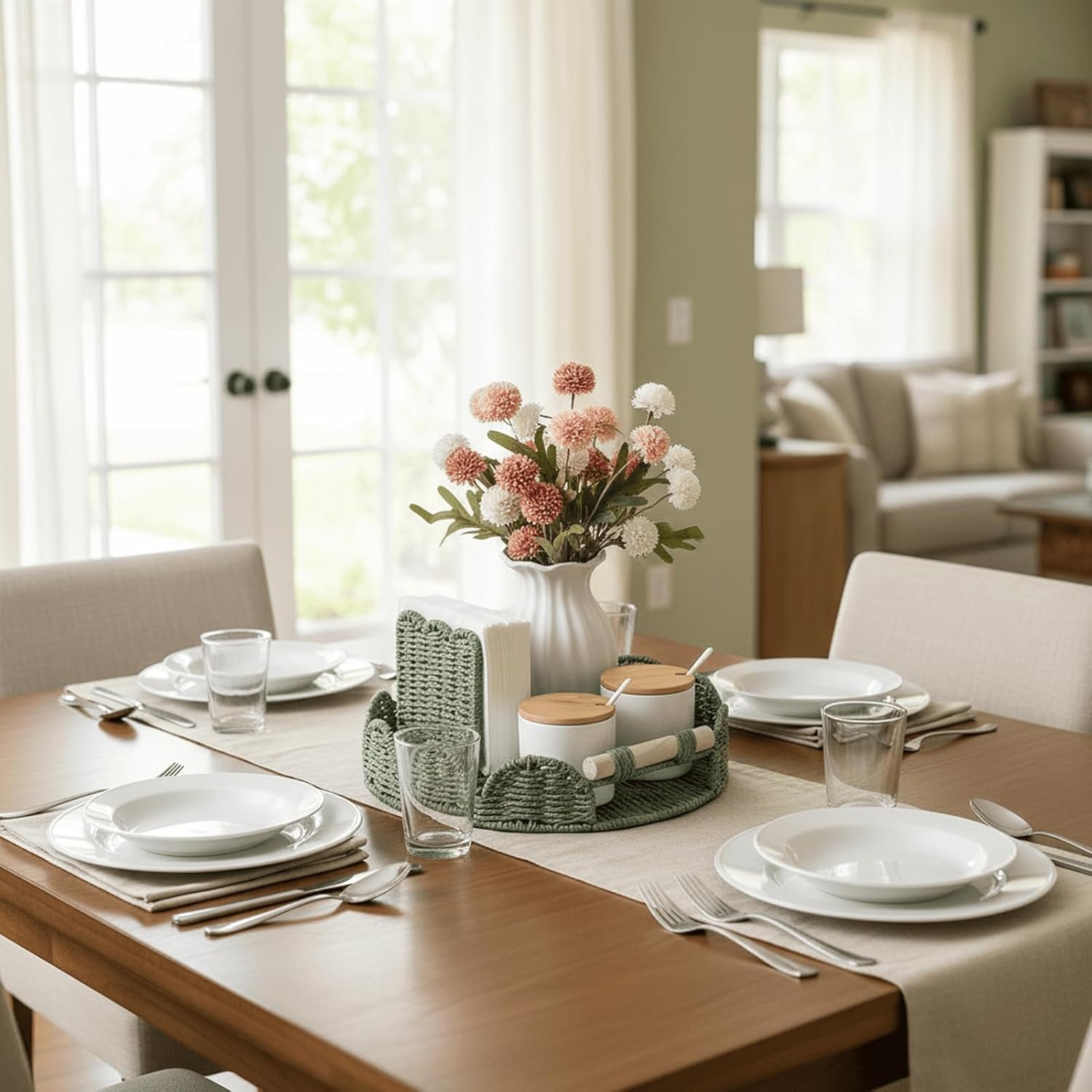 CubesLand Round Scalloped Decorative Centerpiece Tray for Coffee Table, Home Decor, Living Room - Green Tray w/Wooden Handle – Warm and Elegant for Holidays, Housewarmings - Candle Plate Holder