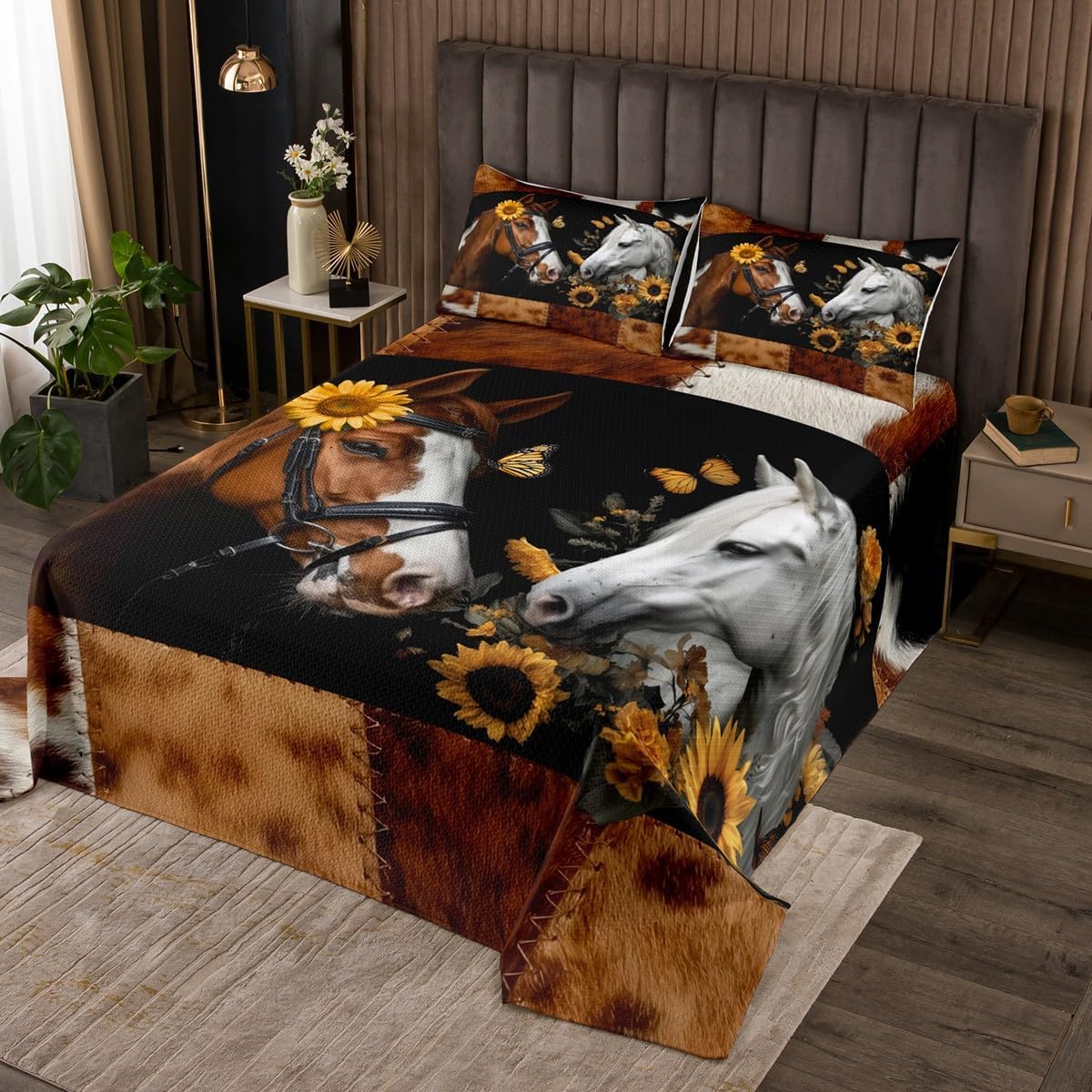 Manfei Horse Bedspread Queen Size,Yellow Sunflower Butterfly Coverlet Set 3pcs,Abstract Brown Cow Fur Print Quilted Coverlet with 2 Pillowcases,Kids Boys Room Decor,Soft Bedding Quilt