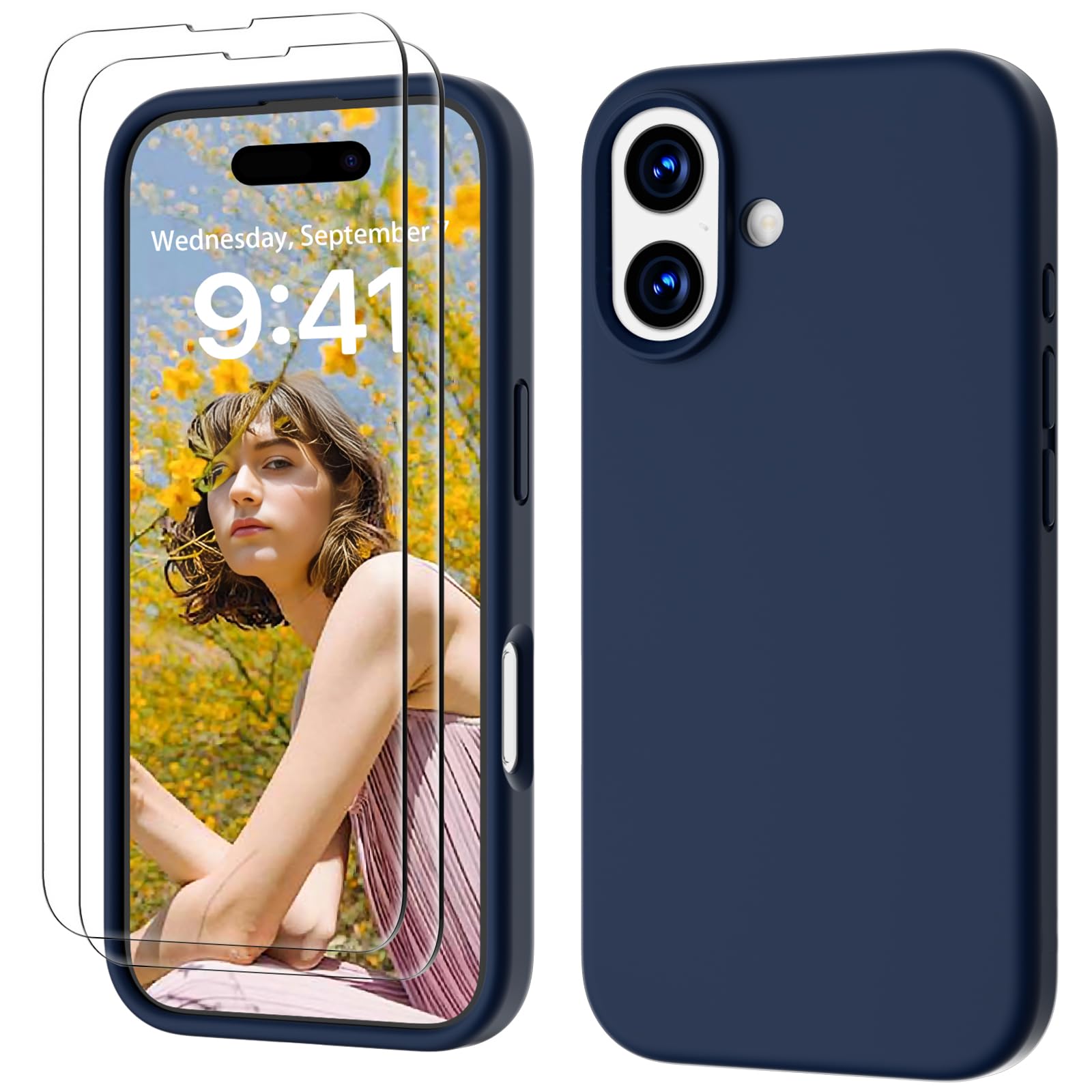 GOODVISH 3 in 1 Silicone Cover per iPhone 17 6.3", Custodia con 2 Pellicola Vetro Temperato [Protezione Fotocamera] 360° Protezione Anticaduta Case per Cellulare Antiurto Resistente, Navy Blu