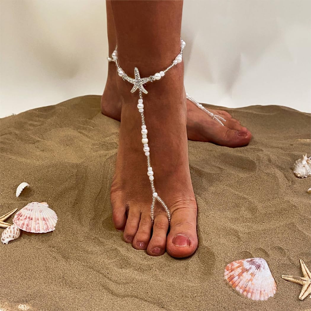 Sandalias tobilleras descalzas con punta de perla, sandalias estilo bohemio con cuentas, tobillera para playa, anillo de boda, accesorios de cadena de pie para mujer, 2 unidades, Talla única 5