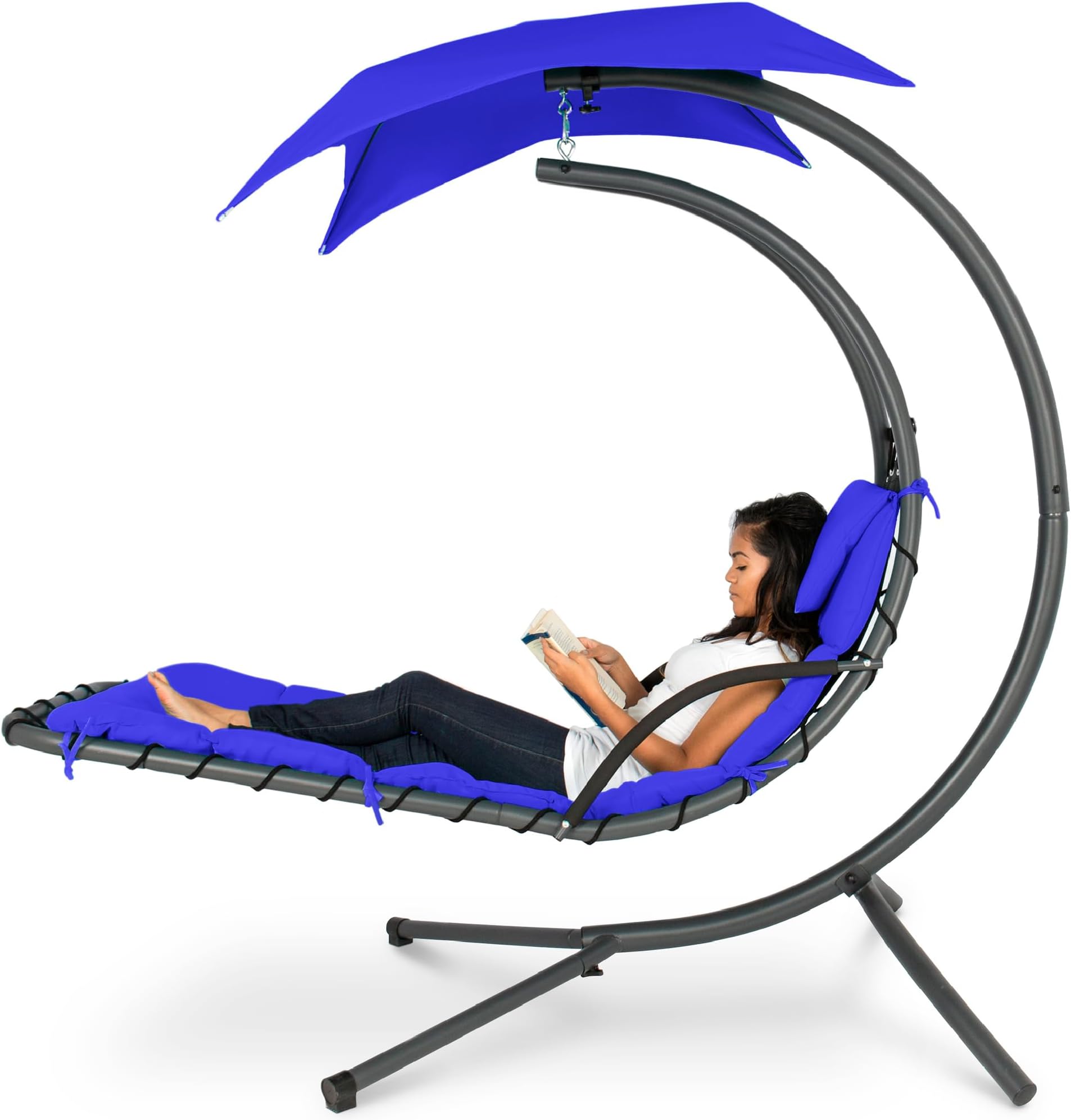 Outdoor Hanging Curved Steel Chaise Lounge Chair Swing w/Built-in Pillow and Removable Canopy - Resort Blue