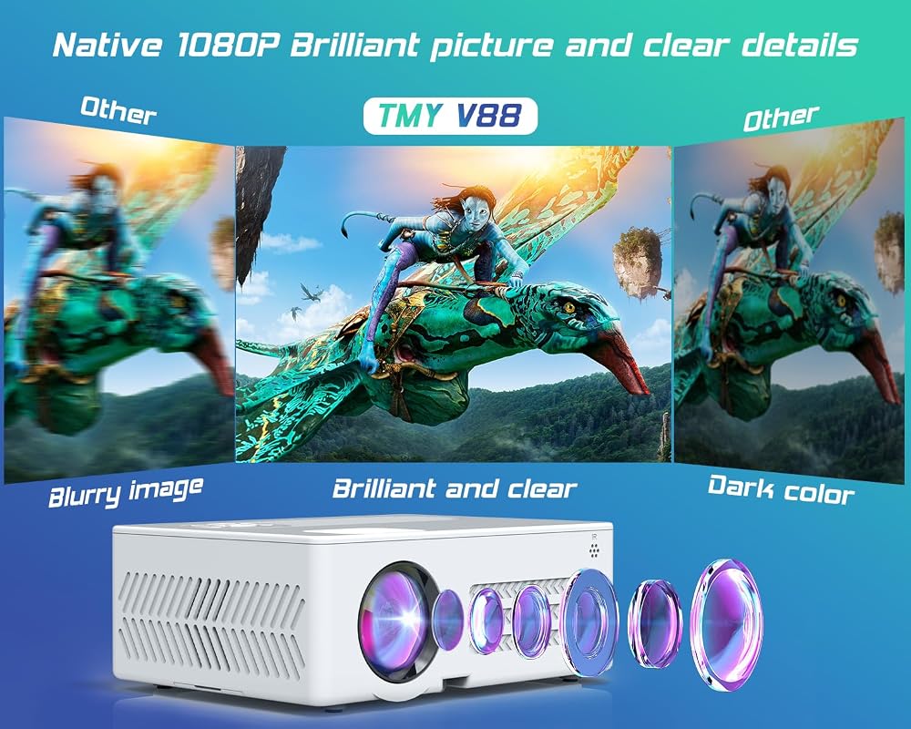 TMY Projector with WiFi and Bluetooth【80" screen included】Native 1080P Outdoor Projector, 4K Supported Portable Projector, Compatible with iOS/Android/PC/TV Stick/HDMI/USB, Indoor Outdoor Use
