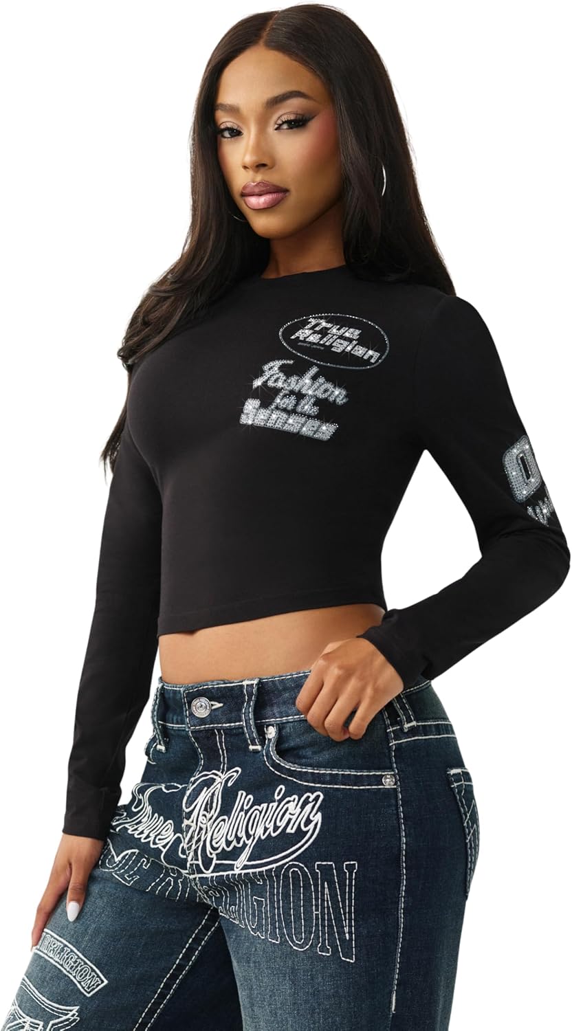 True Religion Women’s Crystal Contrast Stitch Long Sleeve Baby Tee – Rhinestone Logo, Slim Fit, Crew Neck Cotton Blend Top