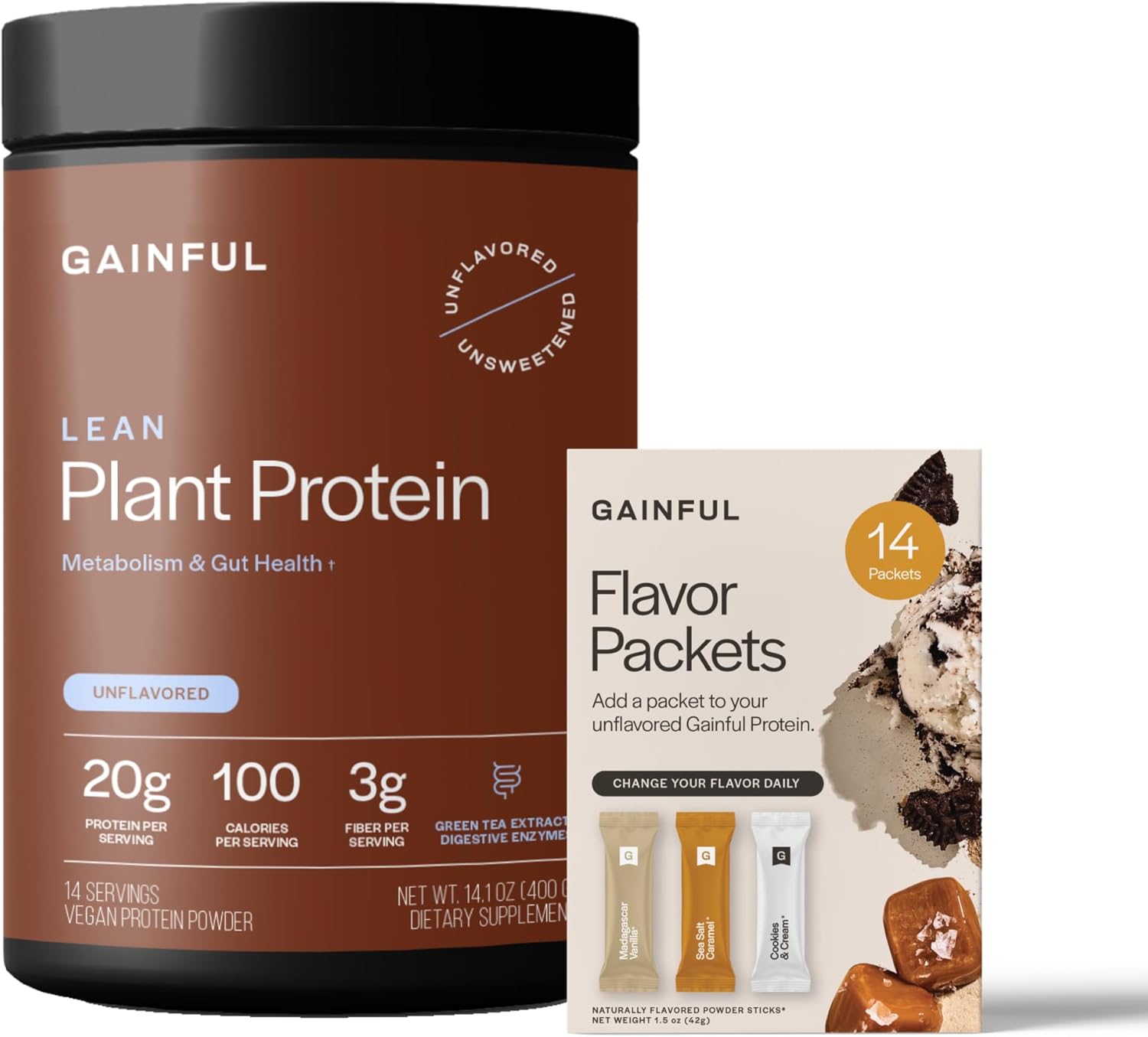 Gainful Lean Plant Protein Powder & Sweet Treat Flavor Bundle, 20g Plant Protein, Supports Lean Muscle, Metabolism, & Satiety, with Green Tea Extract, Vegan, 14 Servings + 14 Flavor Sticks