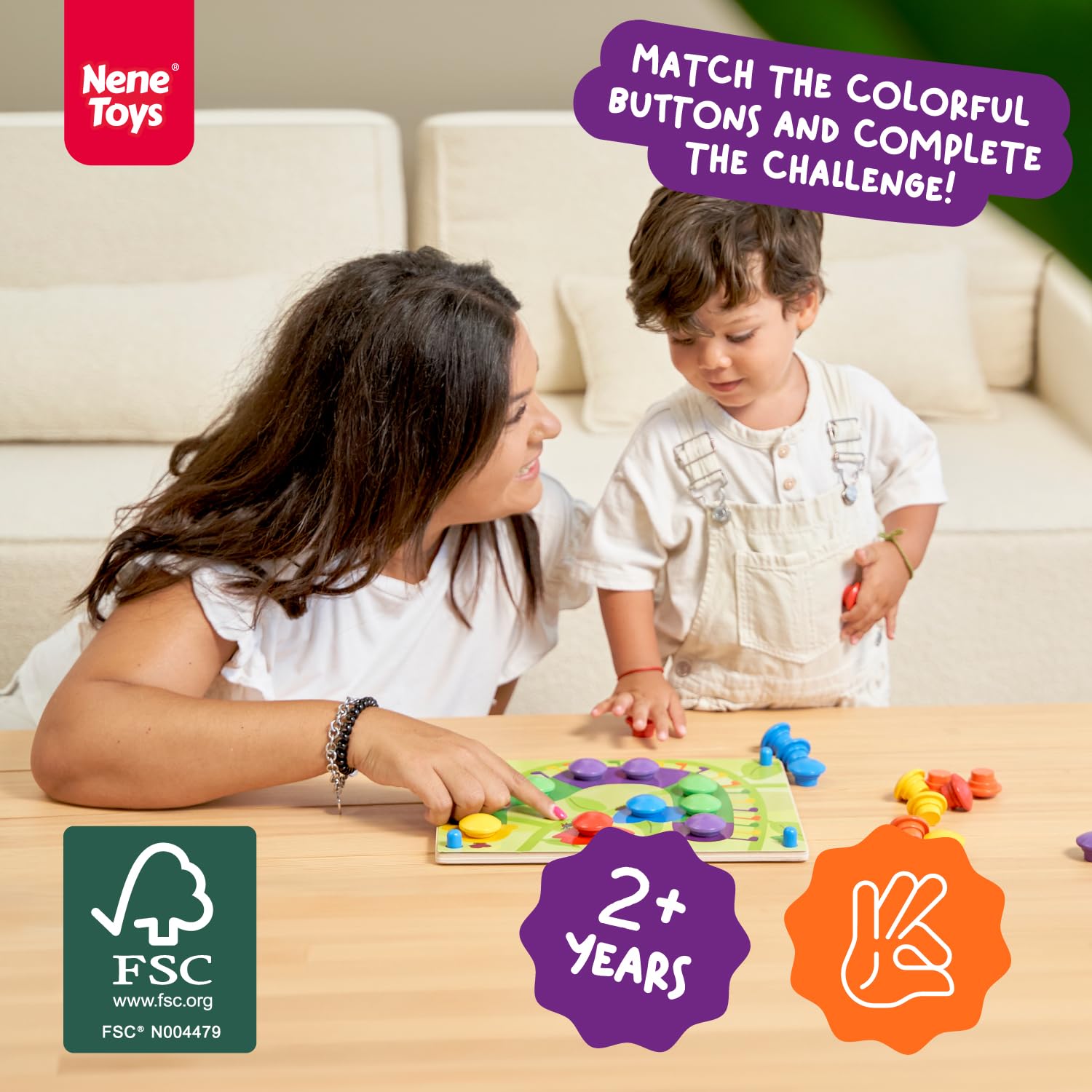 Nene Toys Wooden Colour Matching Puzzle for Toddlers 2+ Years, Montessori Pegboard Button Game with Wooden Nails & Cards - Image 2
