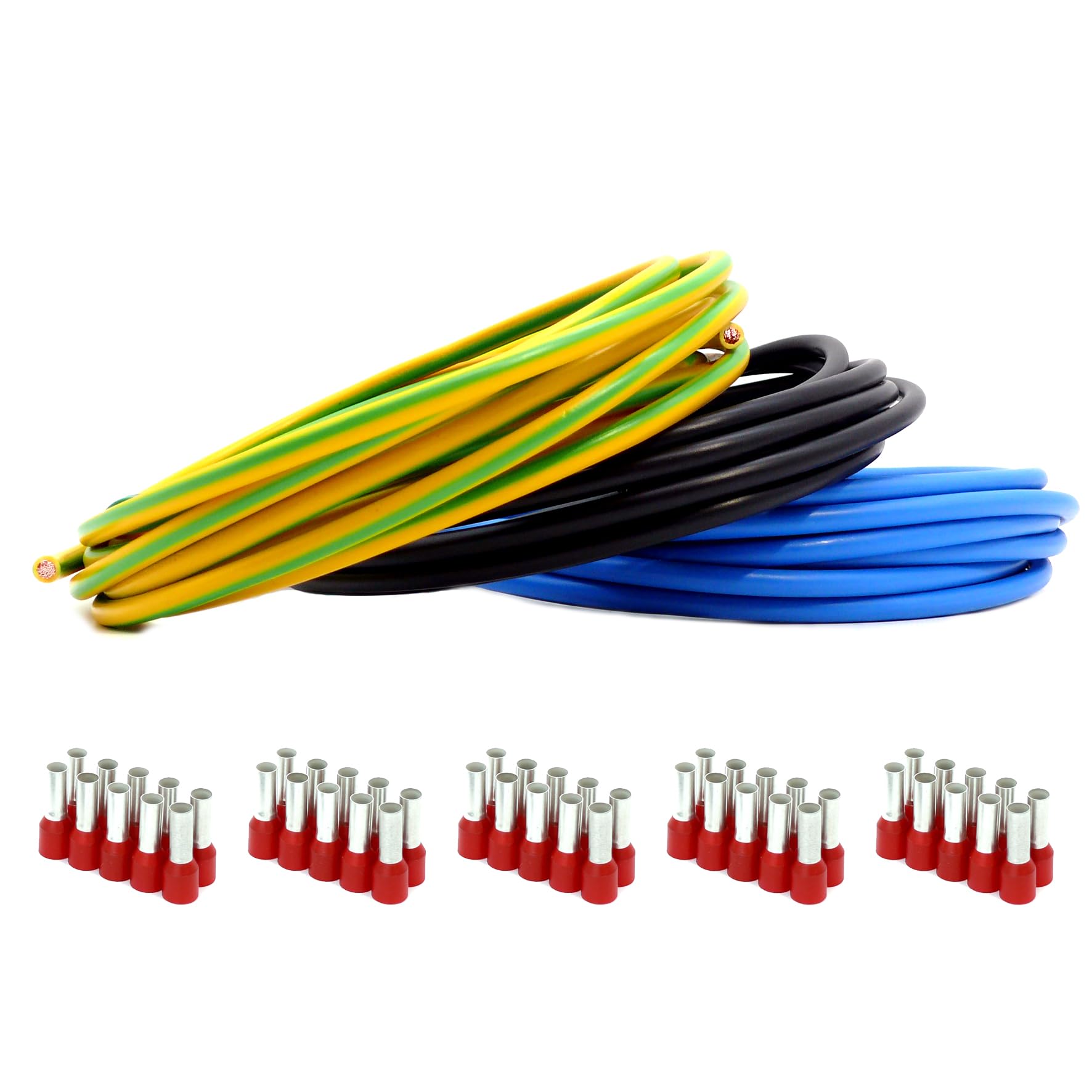 Event-Kabel&more-Set Verdrahtungssatz 15m schwarz, 5m blau, 5m grün/gelb Aderleitung flexibel H07V-K 10 mm² inkl. Aderendhülsen 10mm2 für Zählerschrank Verteilung (Set 15m/5m/5m 50AEH)