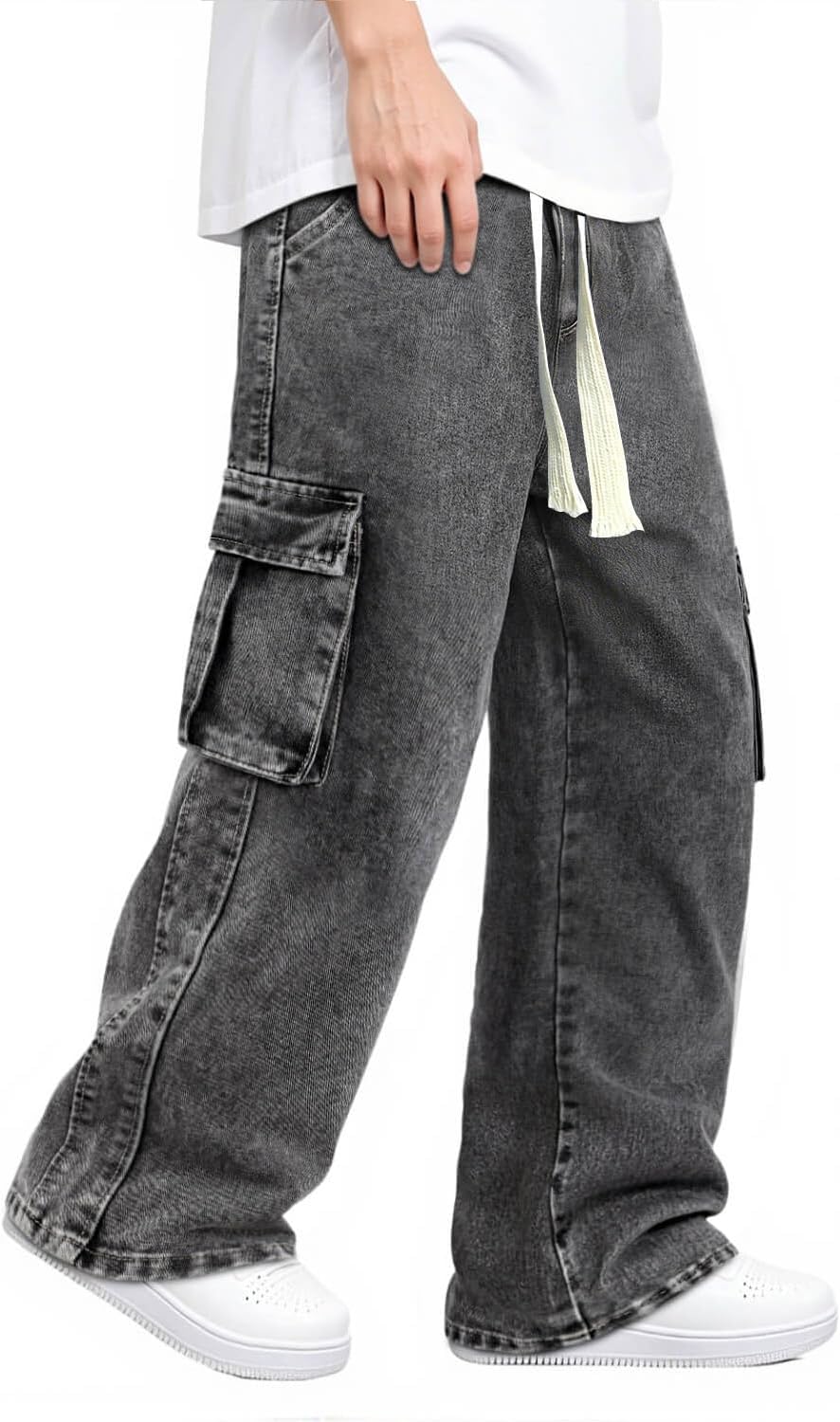 Mens Baggy Jeans Elastic Waisted Denim Pants for Men with Drawstring Streetwear