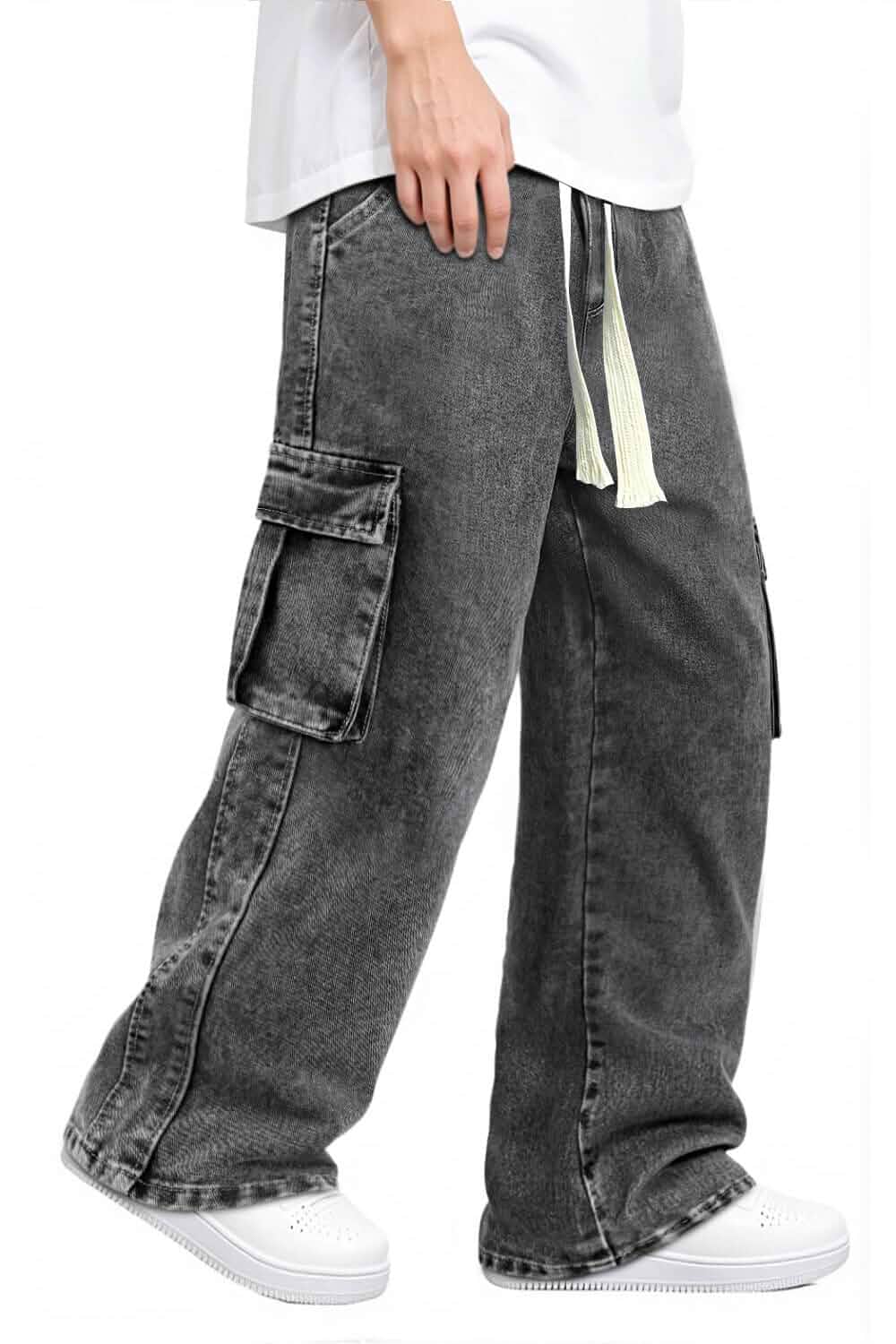 Heyfanee Men's Baggy Jeans Elastic Waist Jean Pants with Drawstring Streetwear, Y2K, 90s Look, Wide Leg, Chill Trendy Retro Style Easy.