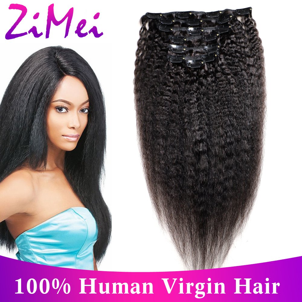 Kinky Straight 7 PCS Clip in Brazilian Virgin Human Hair Extensions 7A Grade Coarse Yaki Clip-in Human Hair Extensions 20"