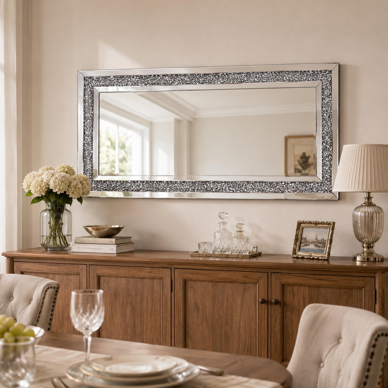 Grand Miroir Mural Salon Rectangulaire 120x60cm Déco Diamant Verre Biseauté