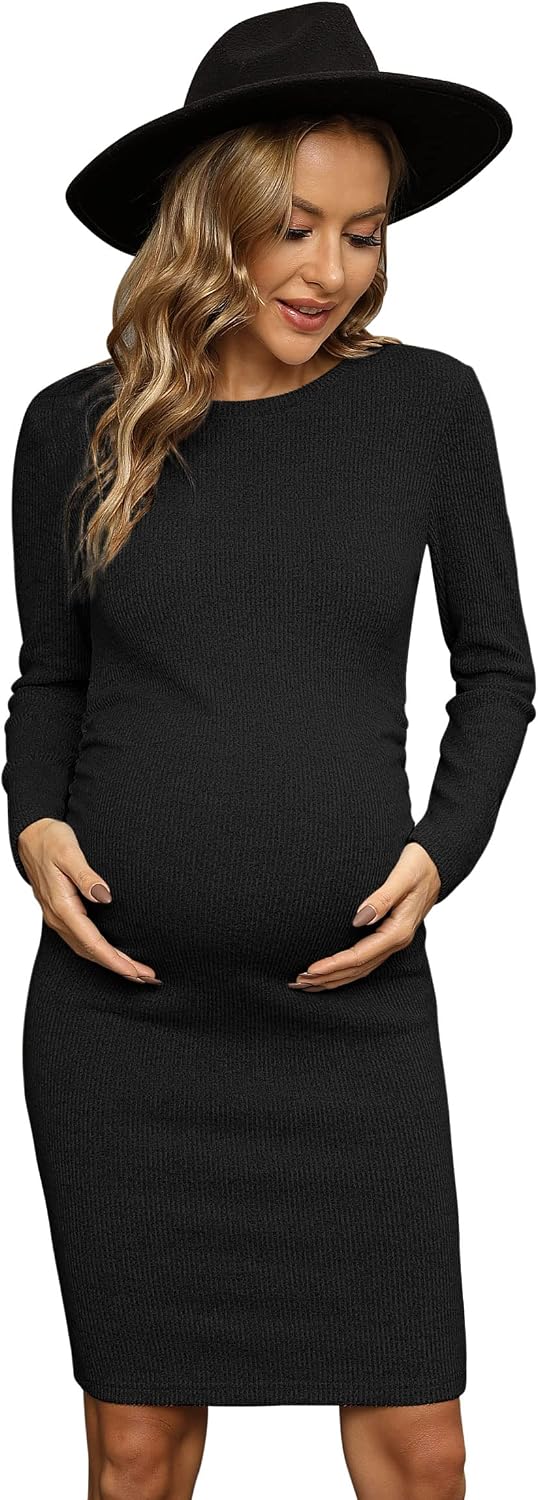 Womens Long Sleeve Knit Ribbed Maternity Dress, Ruched Midi Maternity Bodycon Dress Casual Work