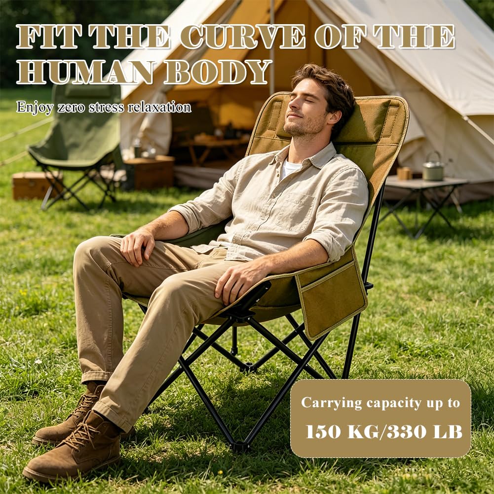 Silla de camping plegable con respaldo alto, 150 kg, silla plegable ligera con bolsillos laterales, respaldo portátil, silla de camping, silla de pesca, silla plegable para exteriores, senderismo