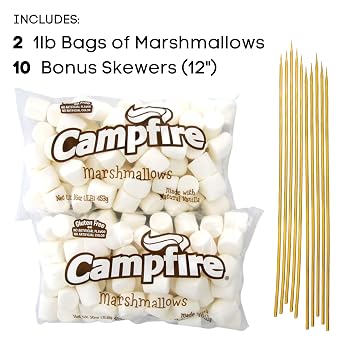 2 Pounds of Large White Marshmallows with Bonus Roasting Sticks - Made with Natural Vanilla, No Artificial Flavors - Great for Campfires, S'Mores, Rice Crisp Bars, Cake Garnishes, Hot Chocolate
