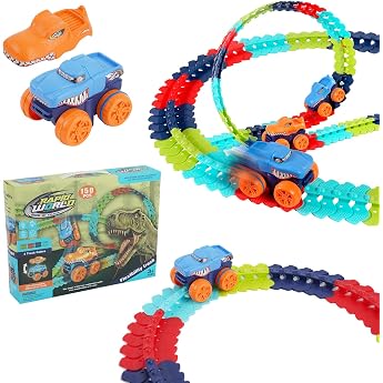 Kinder Rennbahn 150pcs mit 2 Glow Cars und Dinosaurier Design Autorennbahn Spielzeug f r Kinder ab 3-8 Jahre Junge M dchen