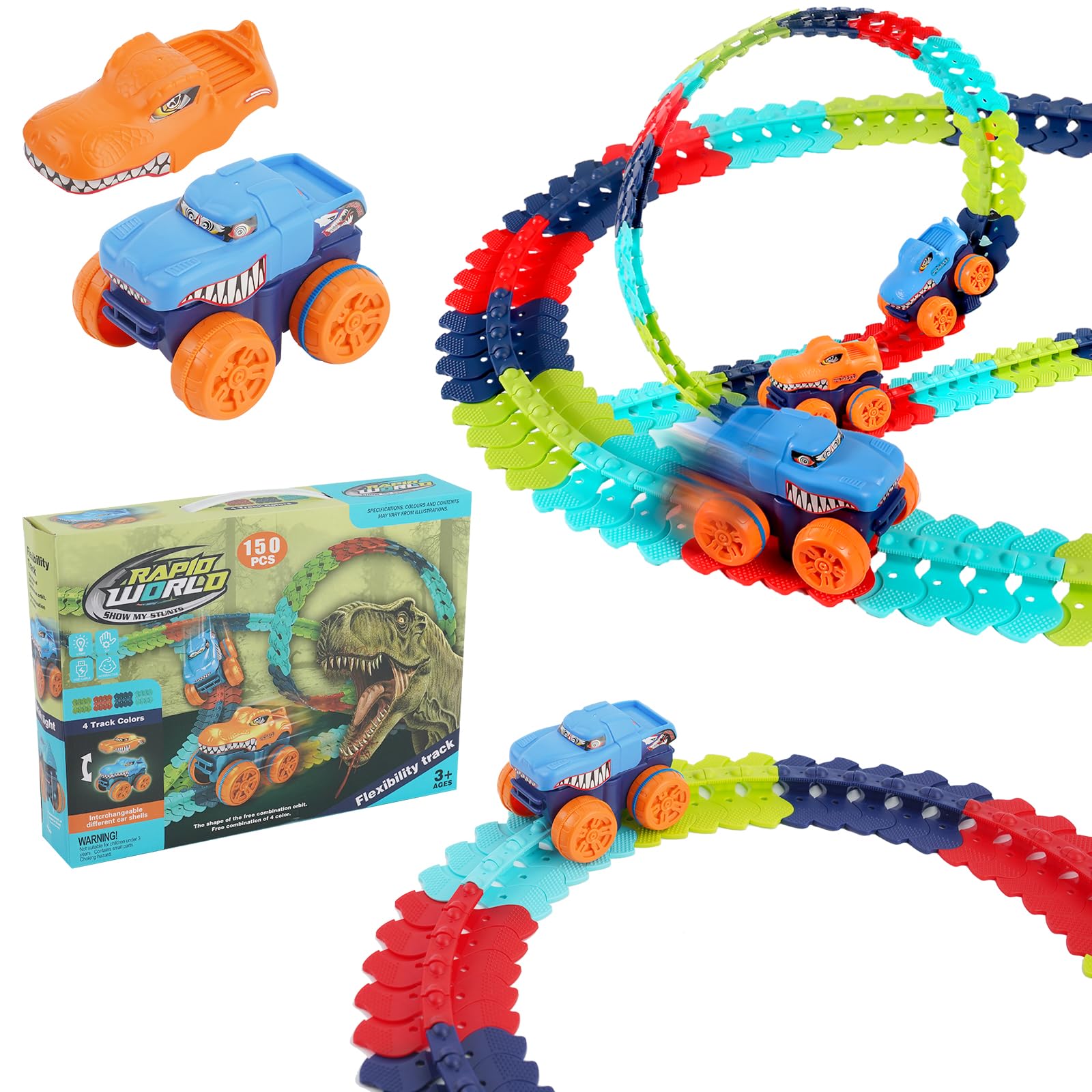 Pista de Coches Juguetes para Niños,150 Piezas Car Racing Track para Niños con 2 Juguetes de Coche con Efectos de Luz, Racetrack Juego para niños a Partir de 3 años (Dinosaurio)