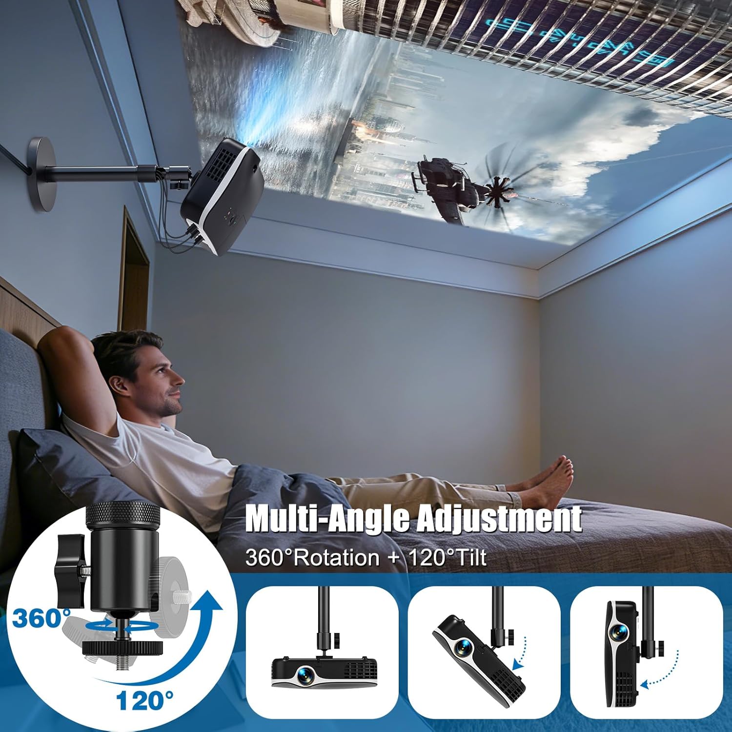 Projector Ceiling Mount, 10.8" - 15" Extendable Length Ceiling Projector Stand with 1/4" Screw, Compatible with TMY, HAPPRUN, Aurzen & Most Device, 360° Rotation & 120° tilt for Ceiling Wall Use