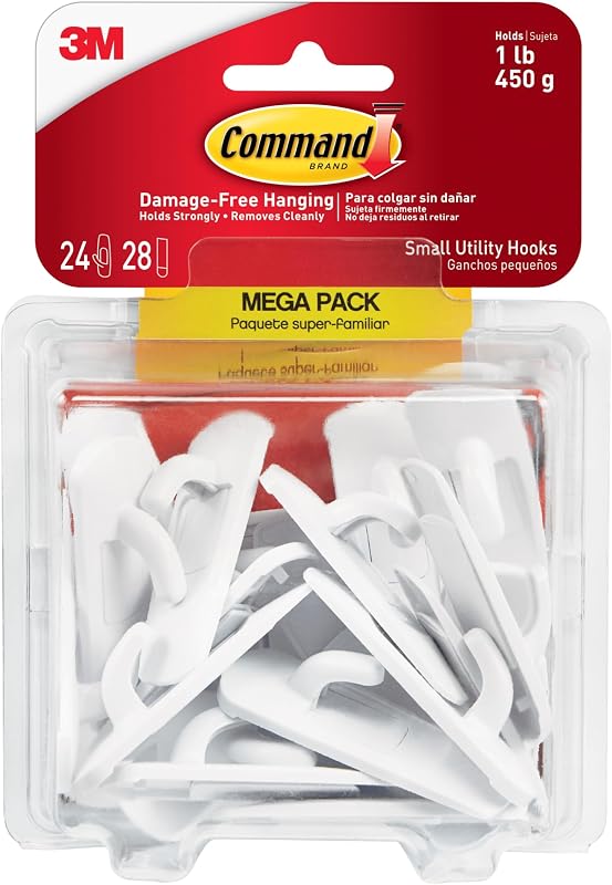 Small Utility Hooks, 24 Hooks and 28 Strips, Damage-Free Hanging Wall Hooks with Adhesive Strips, No Tools Adhesive Hooks for Hanging, Organization and Storage, Holds up to 1 lb