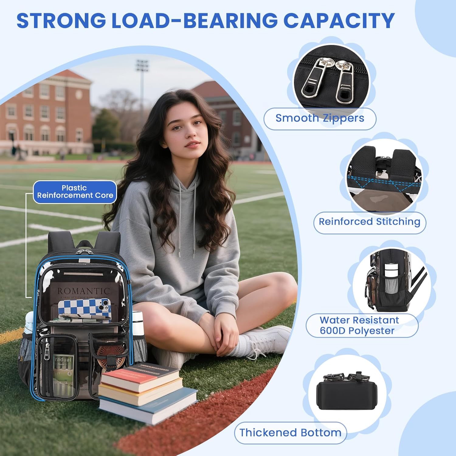 MUSEVOS Clear Backpack for School, Heavy Duty Clear Bookbag for Girls Boys Transparent Backpack with Badge Holder, Semi-Black