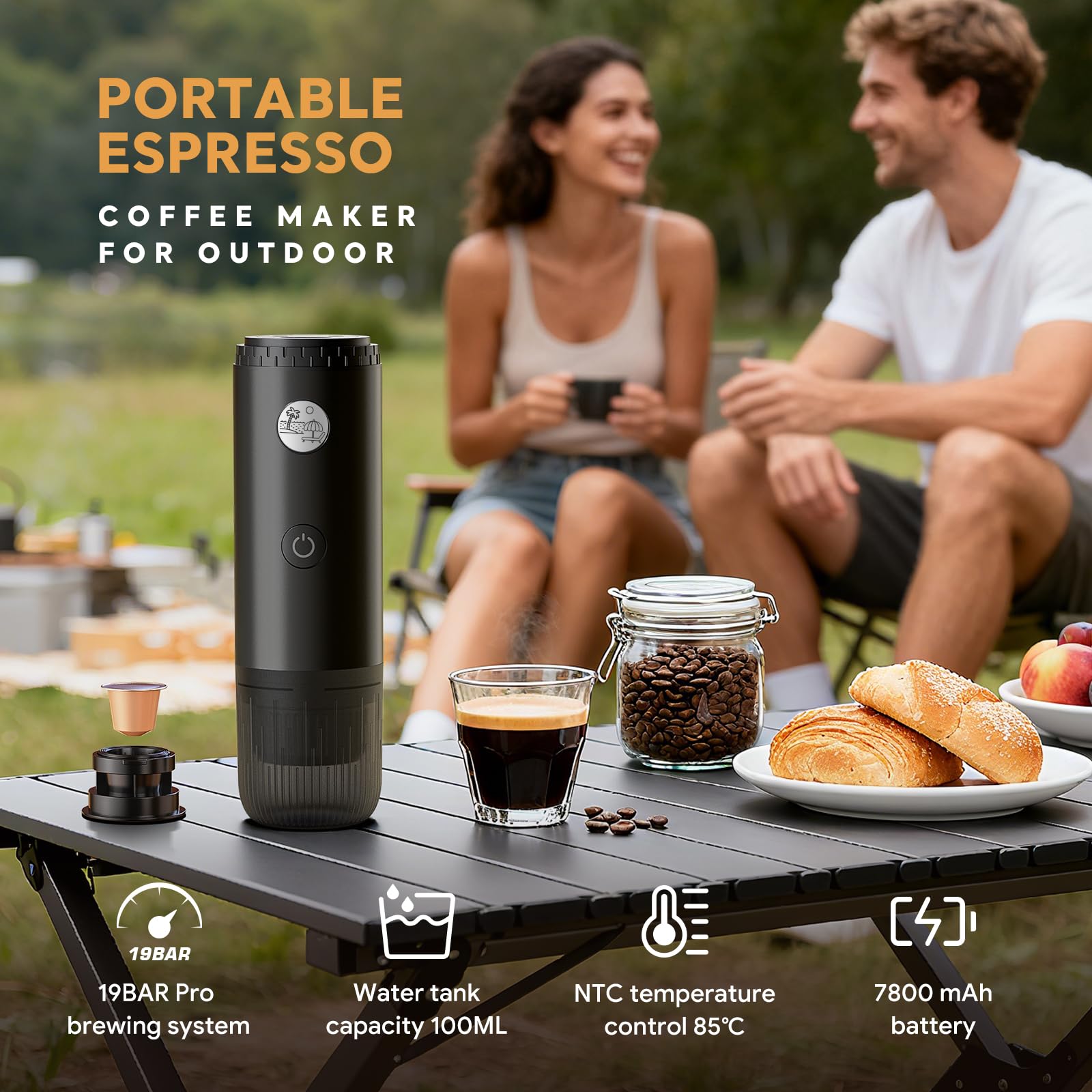 RECAFIMIL Machine à café portable 3 en 1, machine à expresso portable 19 bars avec chauffage automatique, compatible avec les capsules NS et DG et le café moulu pour le camping, les voyages et la mais