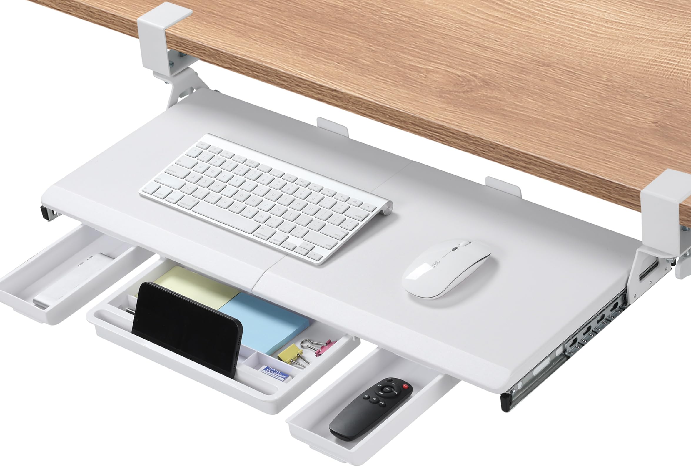 ETHU Under Desk Keyboard Tray with with Storage Drawers, 68x30cm Keyboard Drawer with C-Clamp, Retractable Keyboard Shelf Slide Under Desk for Home & Office, White
